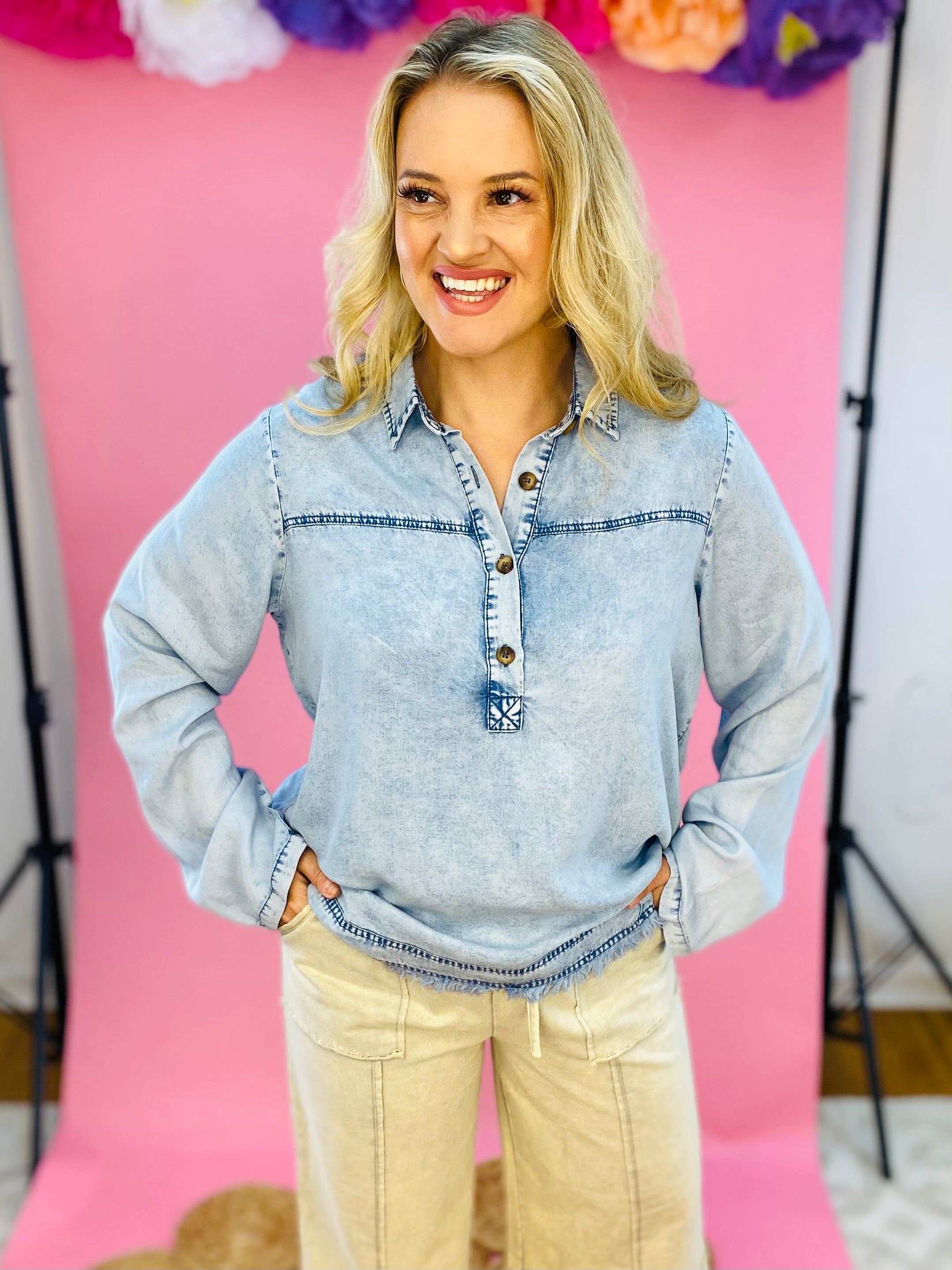 Cool Breeze Denim Pullover-110 Long Sleeve Top-Doe and Rae-The Lovely Closet, Women's Fashion Boutique in Alexandria, KY