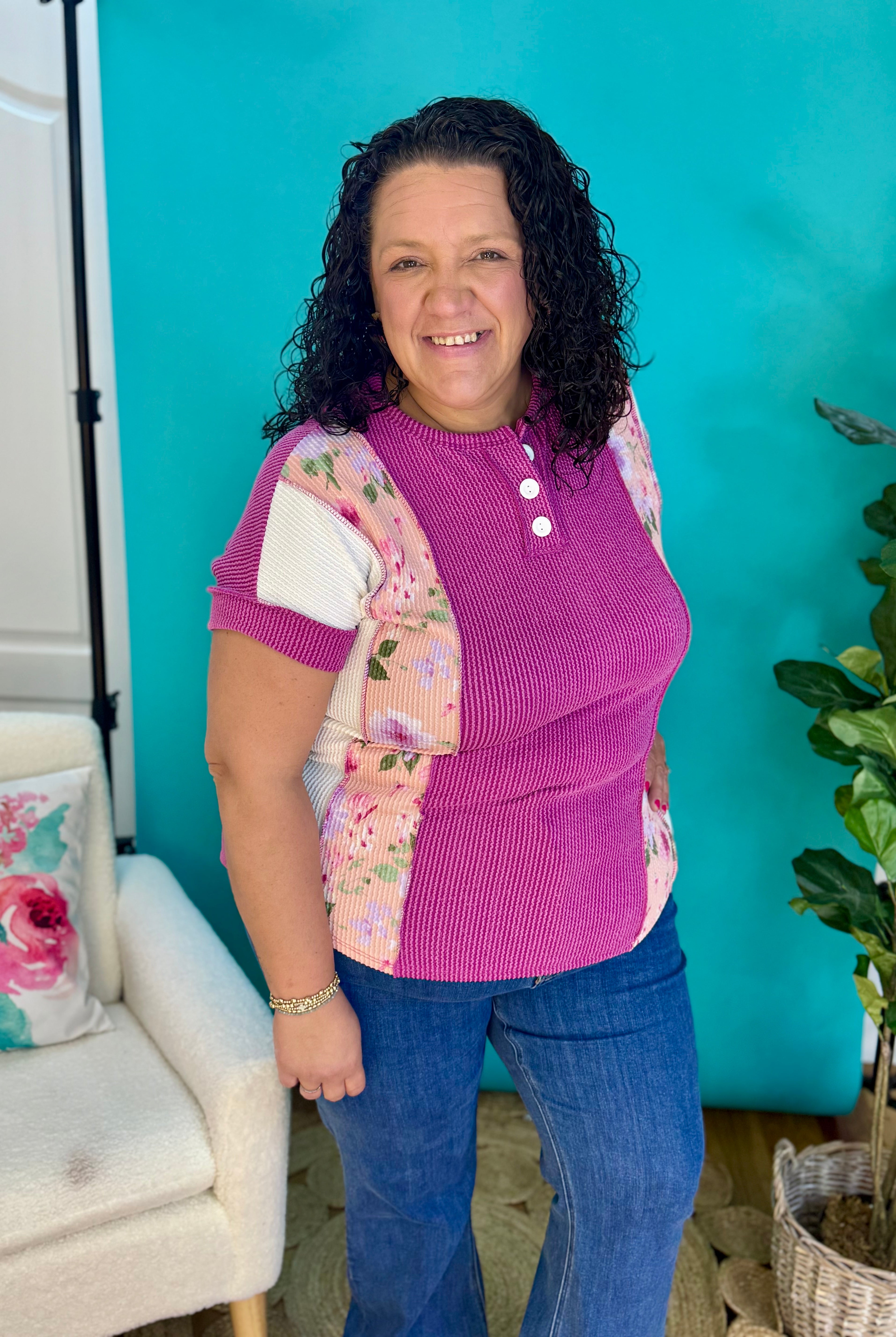 Floral Patchwork Urban Rib Henley Top-100 Short Sleeve Tops-7th Ray-The Lovely Closet, Women's Fashion Boutique in Alexandria, KY