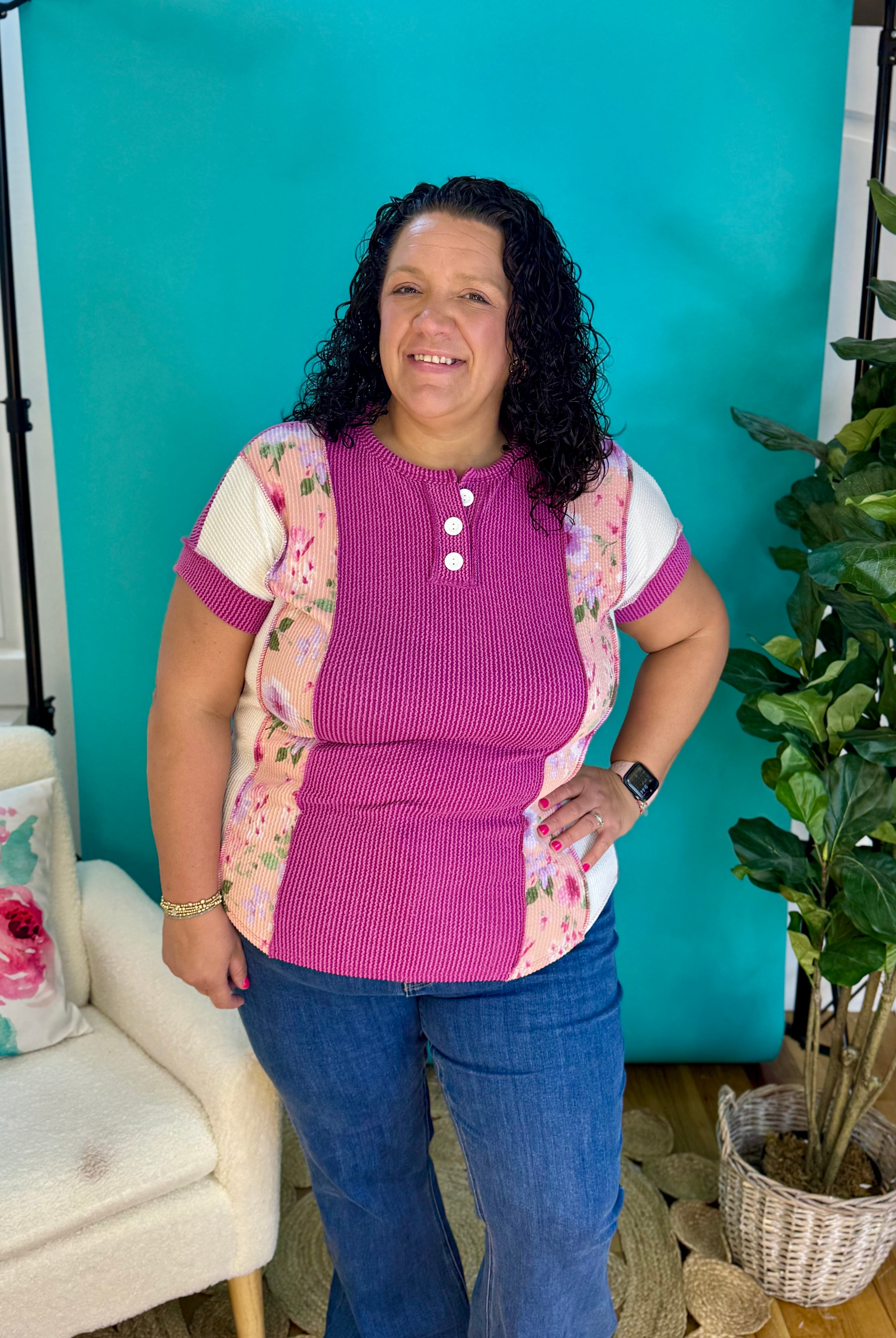 Floral Patchwork Urban Rib Henley Top-100 Short Sleeve Tops-7th Ray-The Lovely Closet, Women's Fashion Boutique in Alexandria, KY