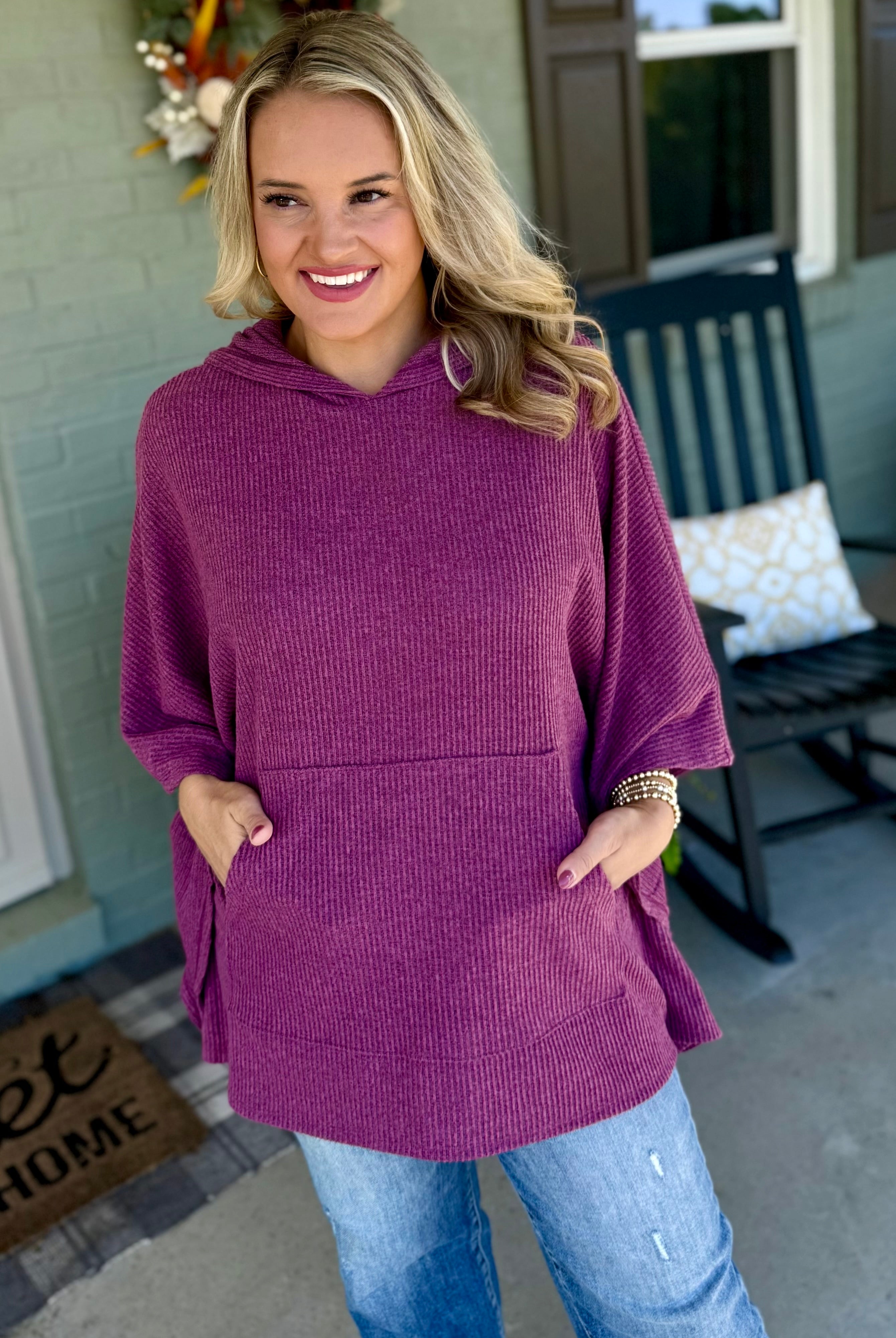 FINAL SALE - Ribbed Knit Poncho Top - Mulberry-170 Jackets/Outerwear-Dear Scarlett-The Lovely Closet, Women's Fashion Boutique in Alexandria, KY