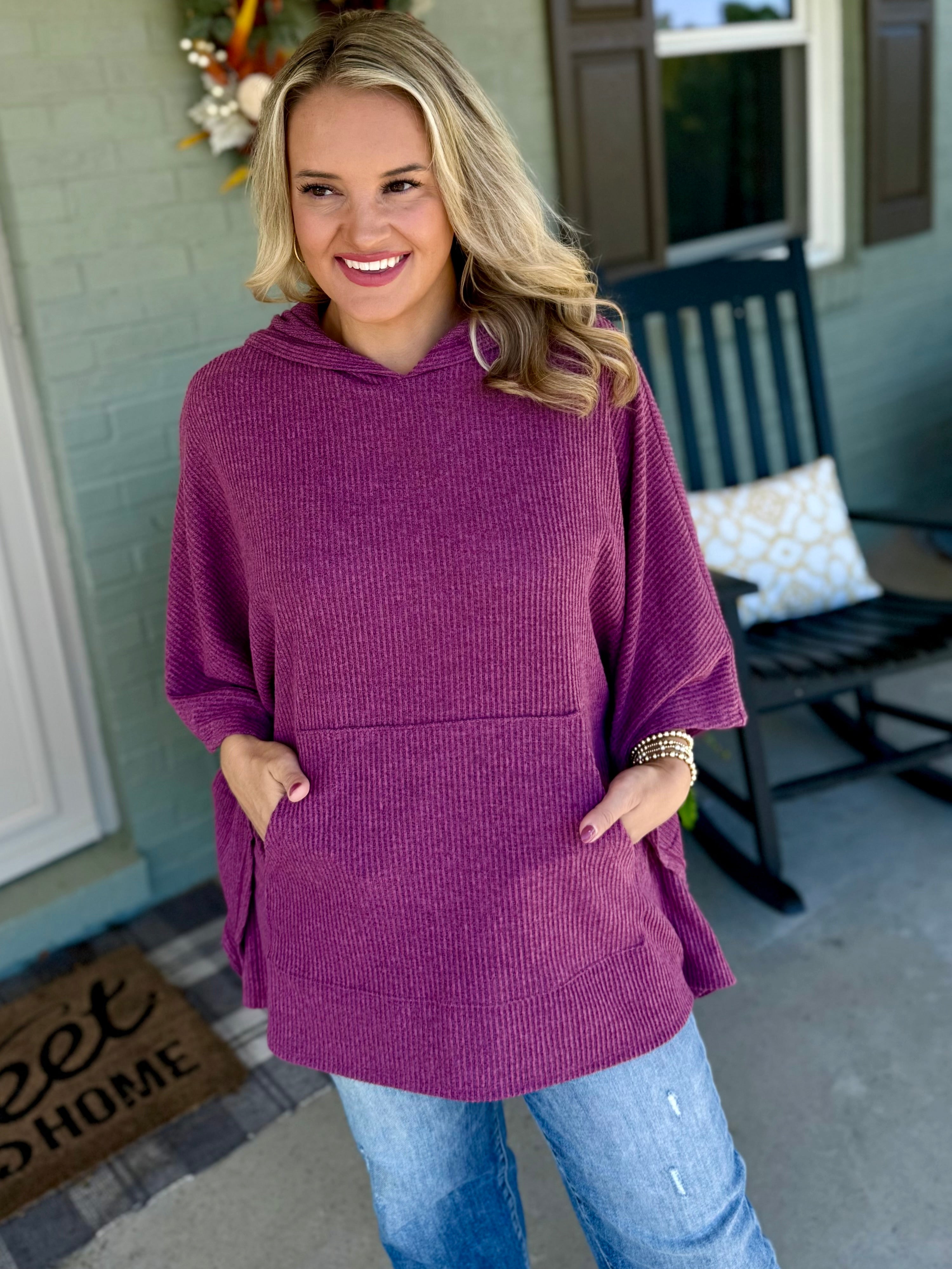 FINAL SALE - Ribbed Knit Poncho Top - Mulberry-170 Jackets/Outerwear-Dear Scarlett-The Lovely Closet, Women's Fashion Boutique in Alexandria, KY