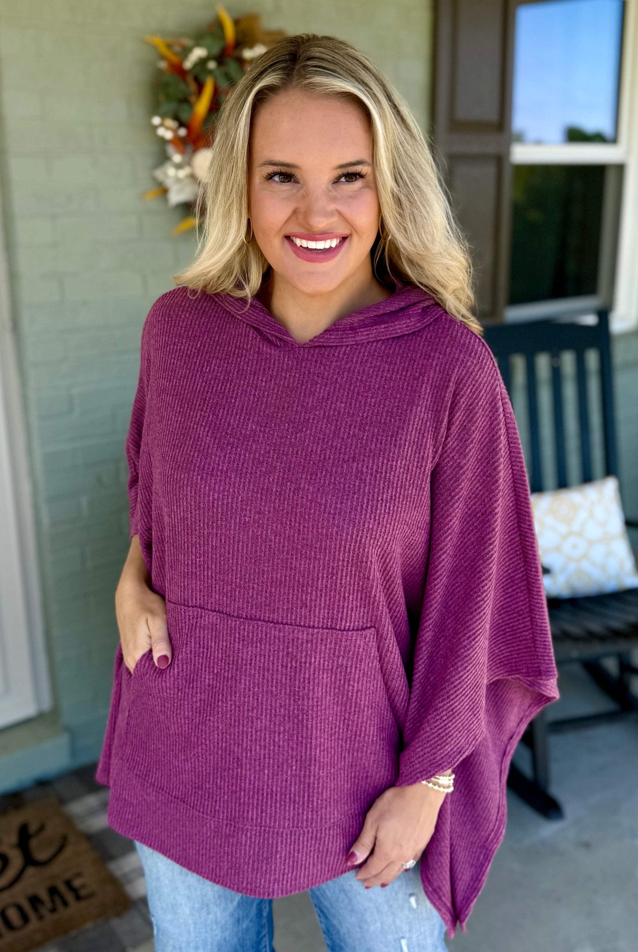 FINAL SALE - Ribbed Knit Poncho Top - Mulberry-170 Jackets/Outerwear-Dear Scarlett-The Lovely Closet, Women's Fashion Boutique in Alexandria, KY