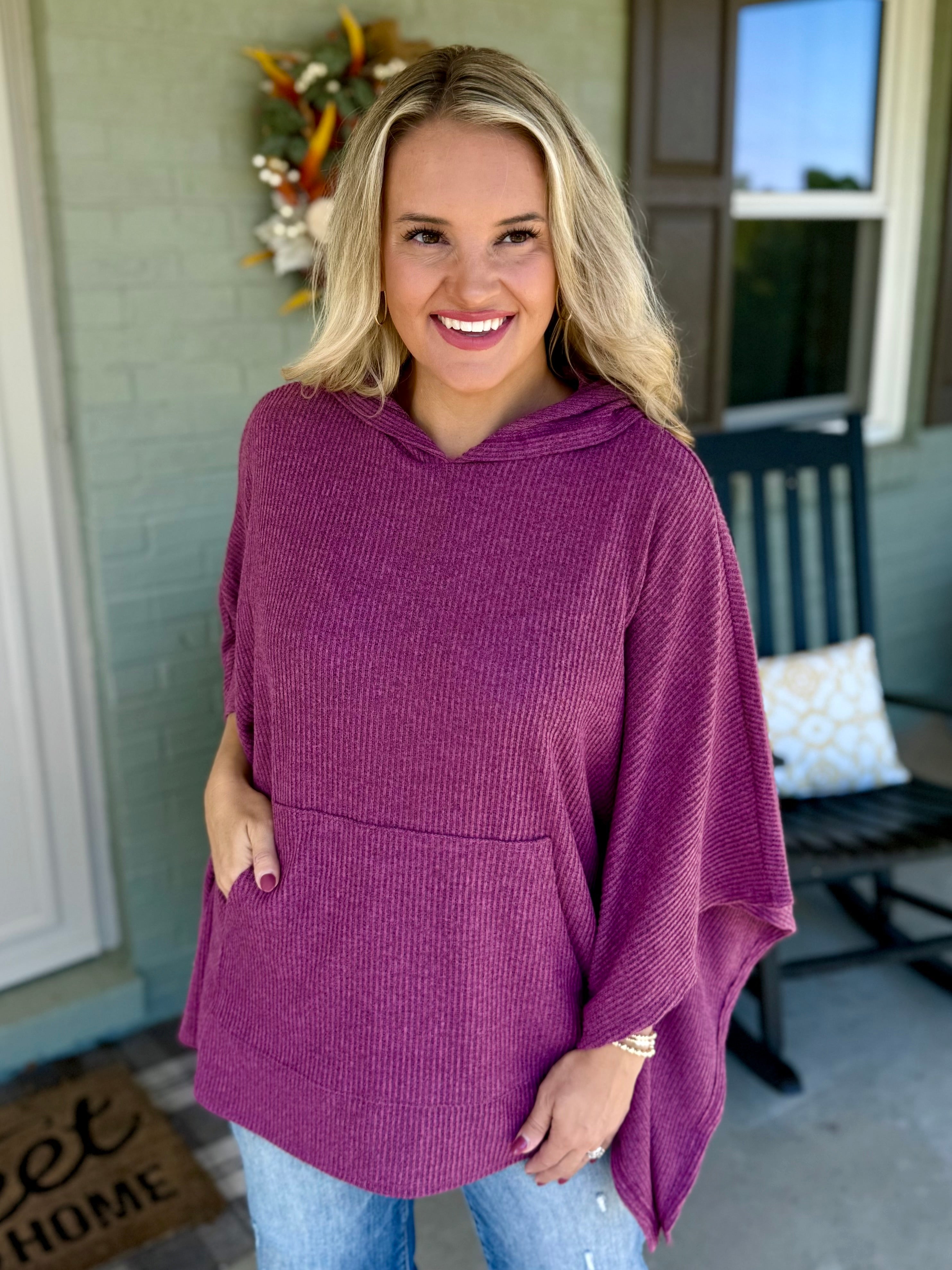 FINAL SALE - Ribbed Knit Poncho Top - Mulberry-170 Jackets/Outerwear-Dear Scarlett-The Lovely Closet, Women's Fashion Boutique in Alexandria, KY
