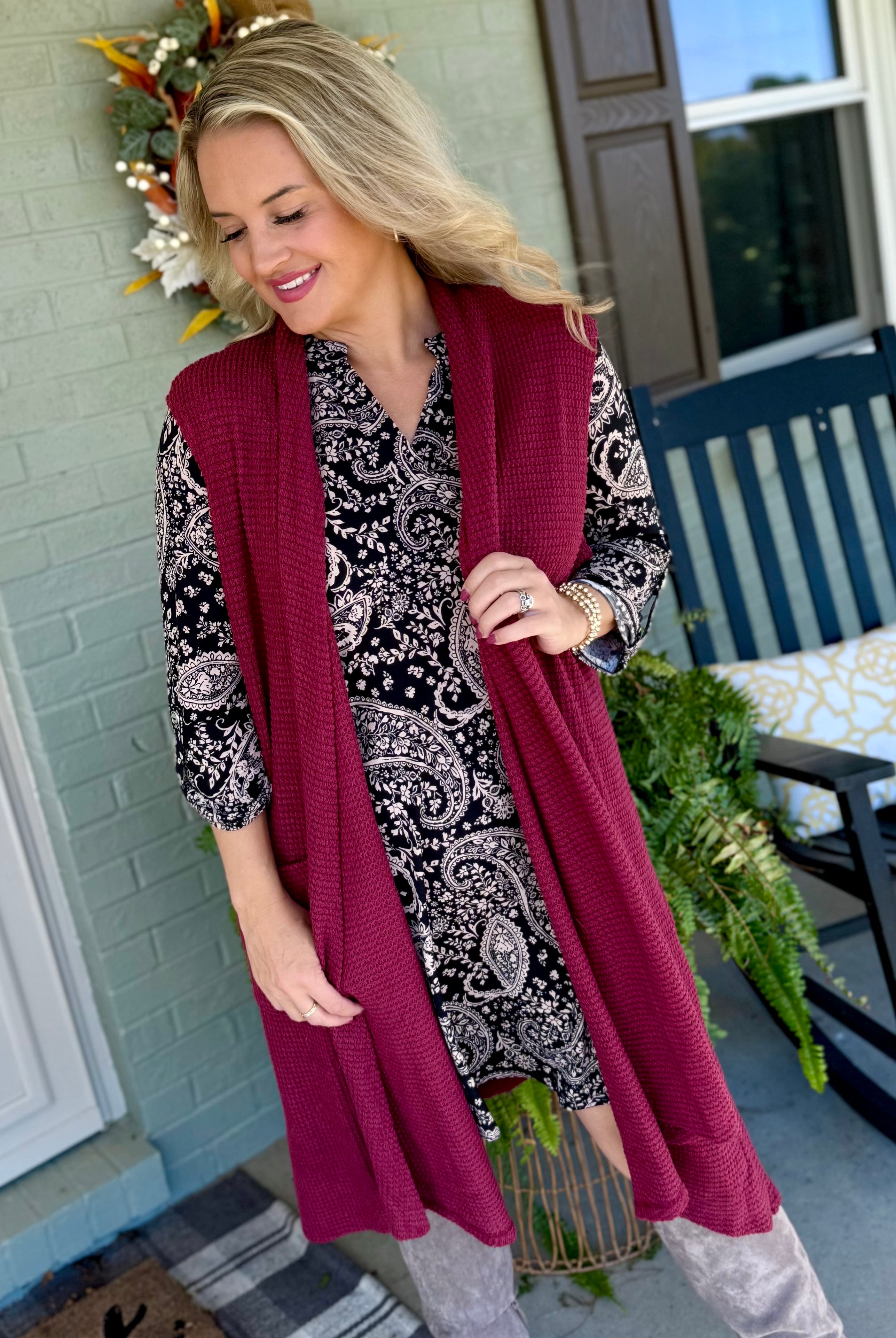FINAL SALE - Chill in the Air Midi Vest - Wine-160 Cardigan/Kimonos-Dear Scarlett-The Lovely Closet, Women's Fashion Boutique in Alexandria, KY