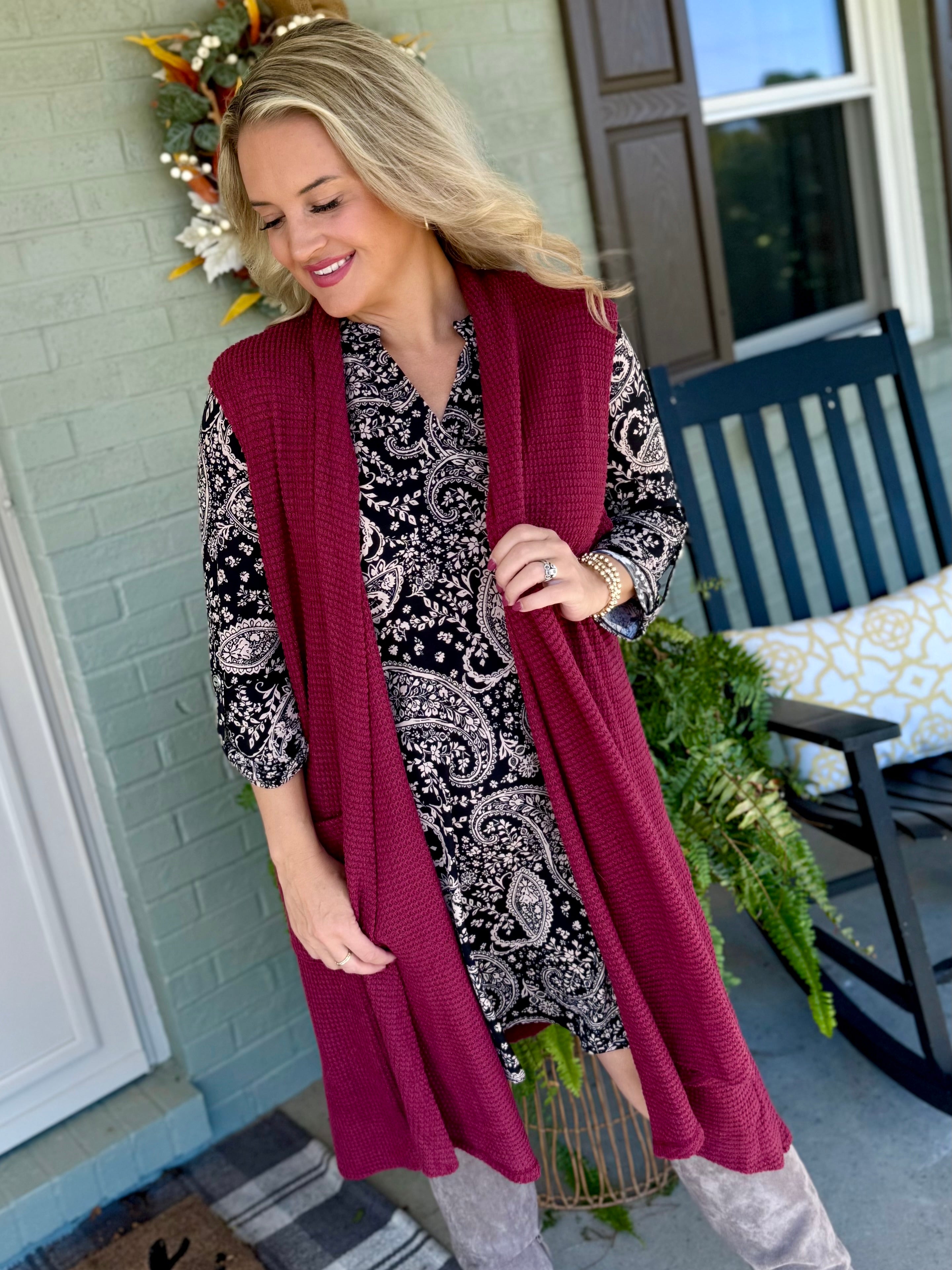 FINAL SALE - Chill in the Air Midi Vest - Wine-160 Cardigan/Kimonos-Dear Scarlett-The Lovely Closet, Women's Fashion Boutique in Alexandria, KY
