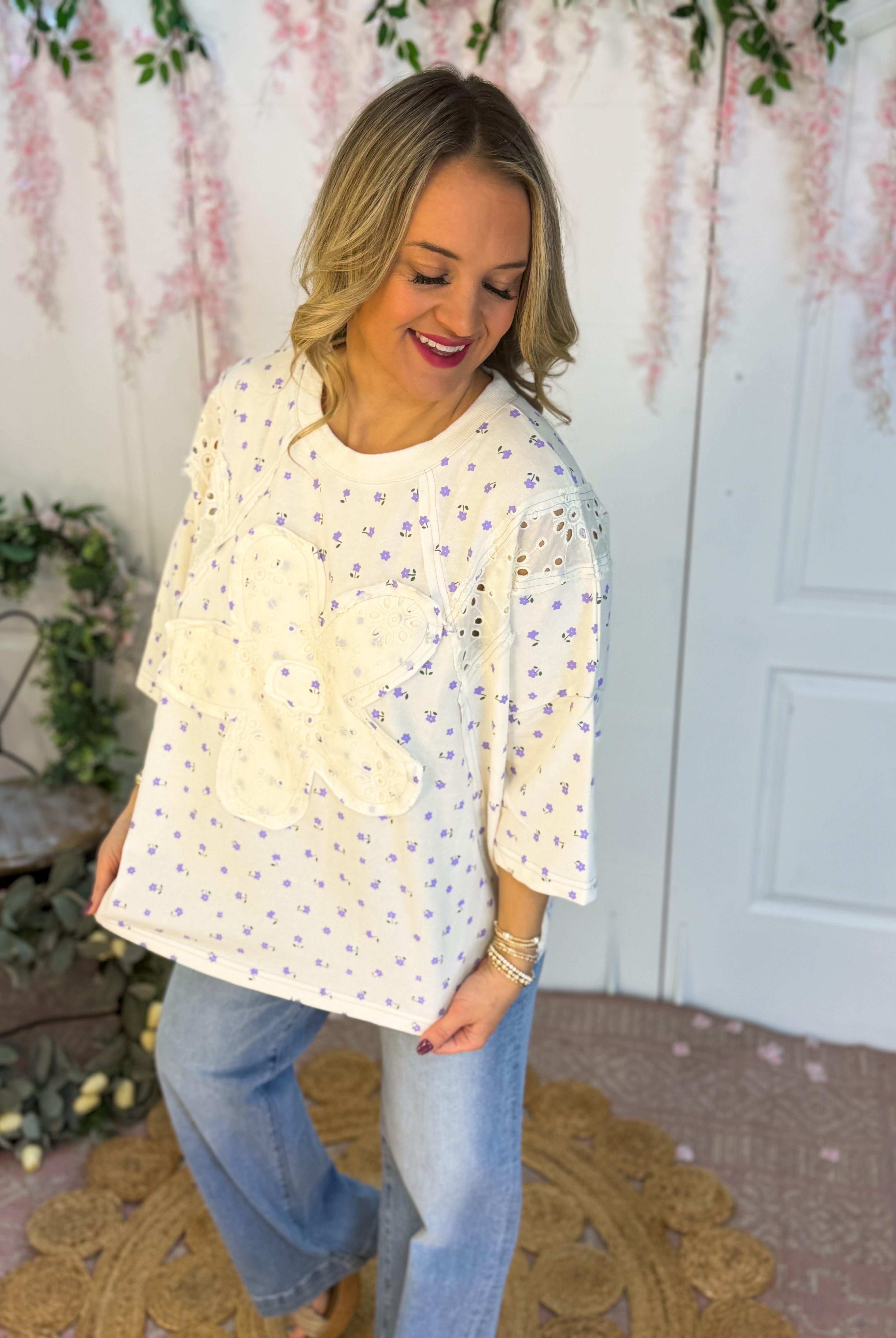 Lavender Ditsy Print Top-100 Short Sleeve Tops-easel-The Lovely Closet, Women's Fashion Boutique in Alexandria, KY