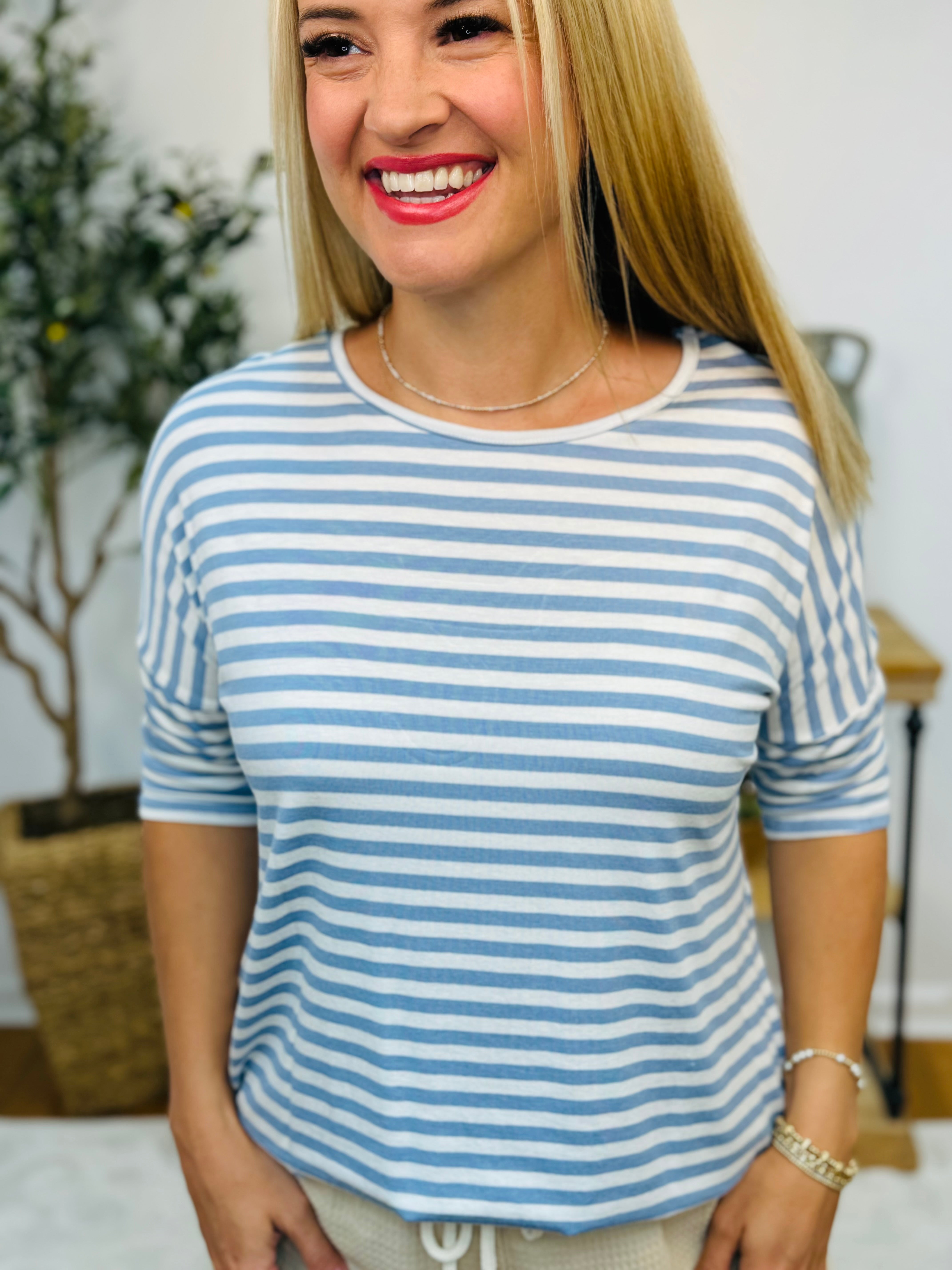 Lt Blue and White Striped Top-100 Short Sleeve Tops-The Lovely Closet-The Lovely Closet, Women's Fashion Boutique in Alexandria, KY