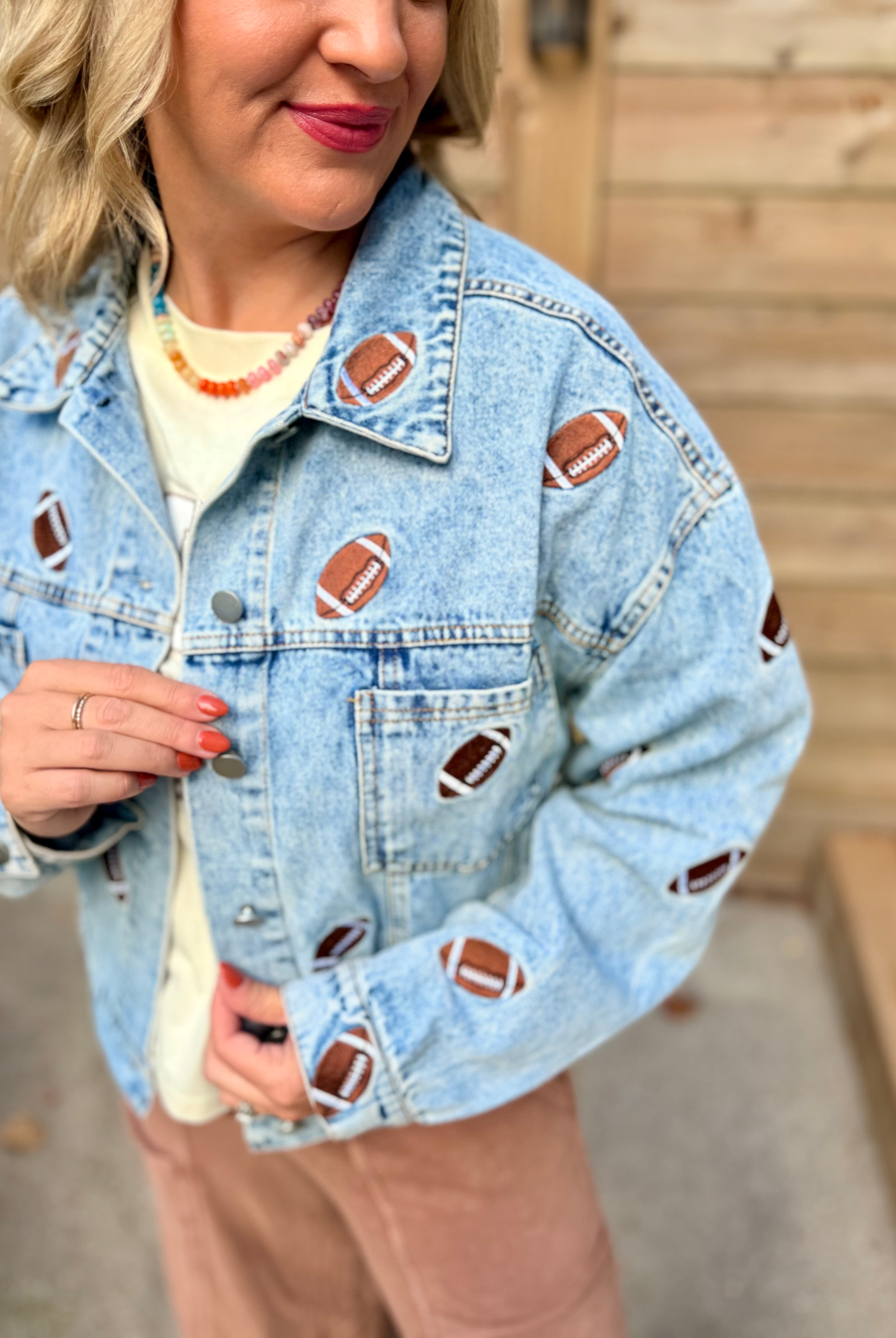 Football Fanatic Embroidered Denim Jacket-170 Jackets/Outerwear-The Lovely Closet-The Lovely Closet, Women's Fashion Boutique in Alexandria, KY