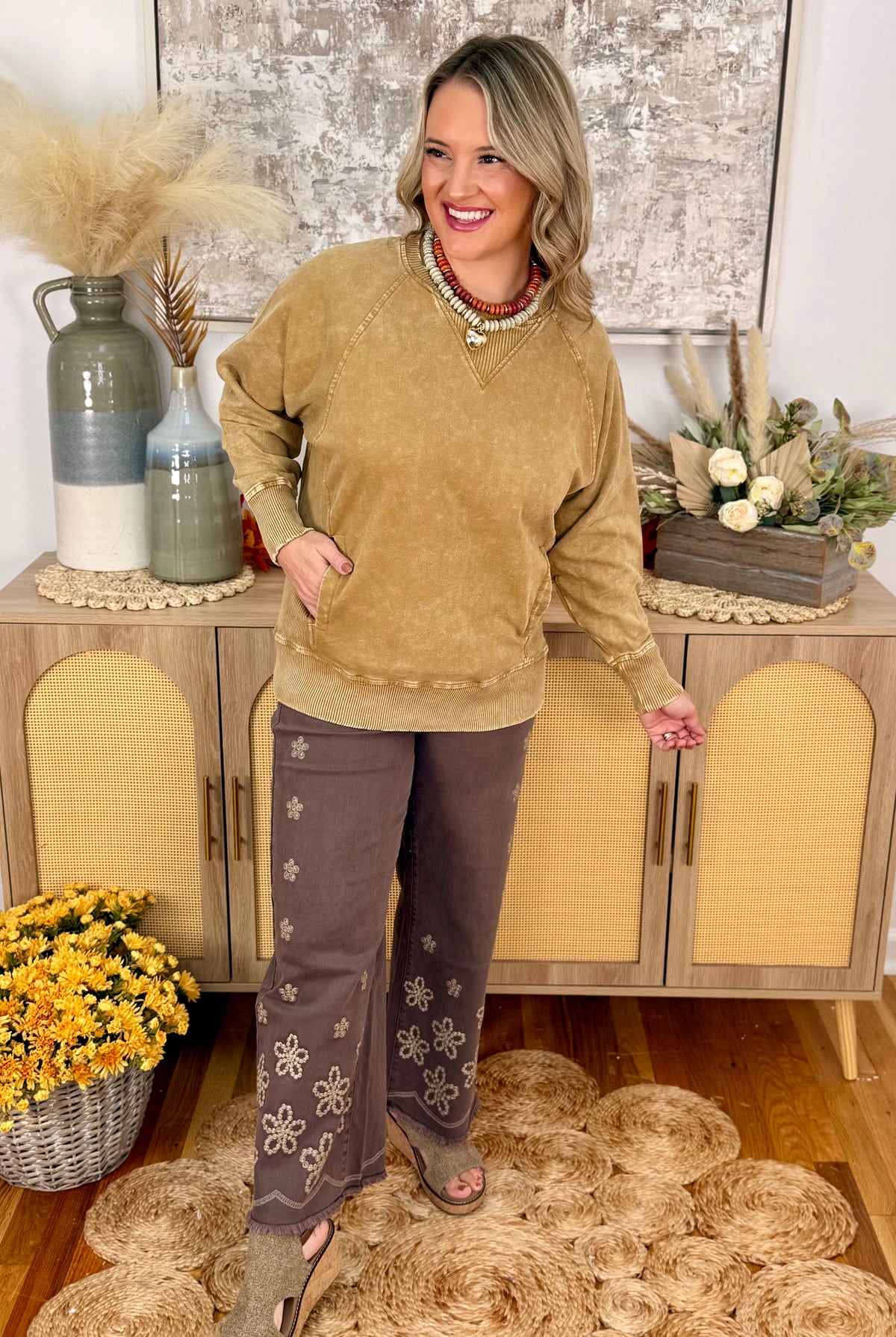 Run Around Acid Wash Pullover - Camel-150 Sweatshirts-The Lovely Closet-The Lovely Closet, Women's Fashion Boutique in Alexandria, KY