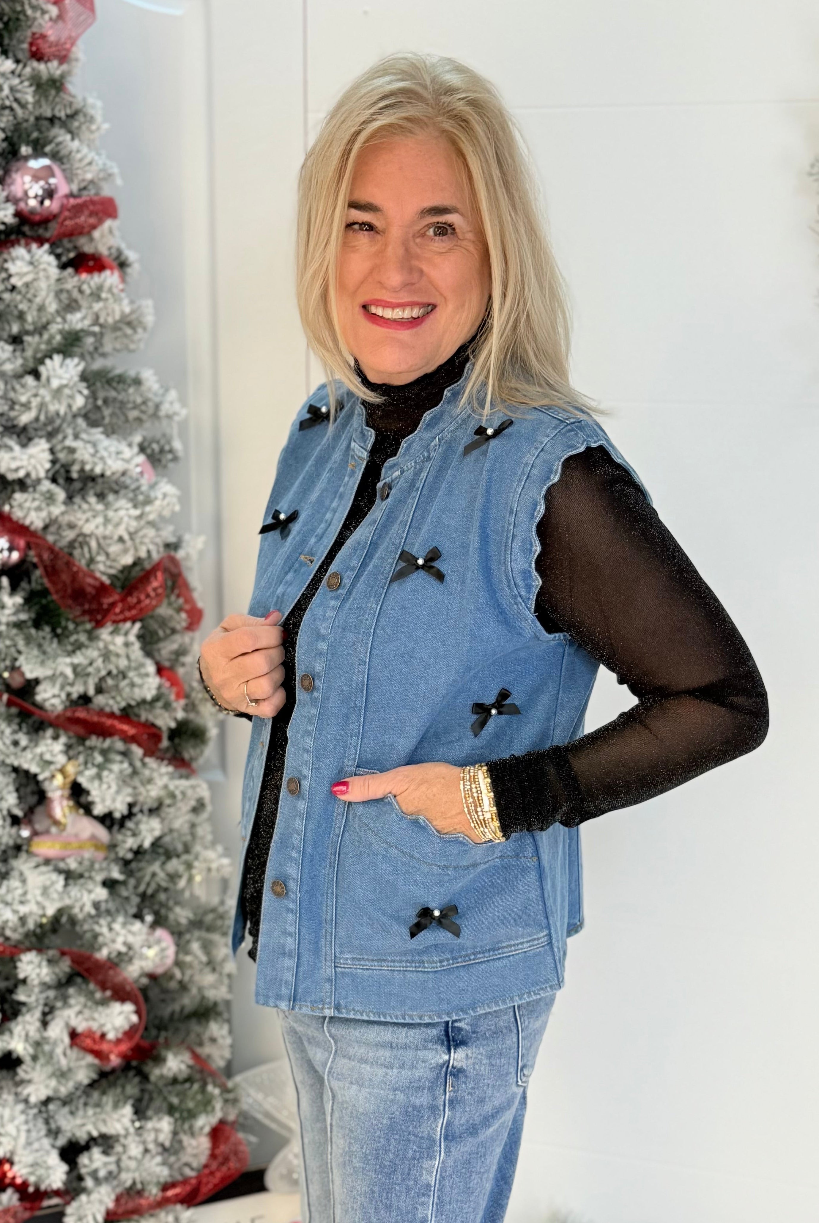 Scalloped Denim Vest with Bow Embellishments-170 Jackets/Outerwear-ODDI-The Lovely Closet, Women's Fashion Boutique in Alexandria, KY
