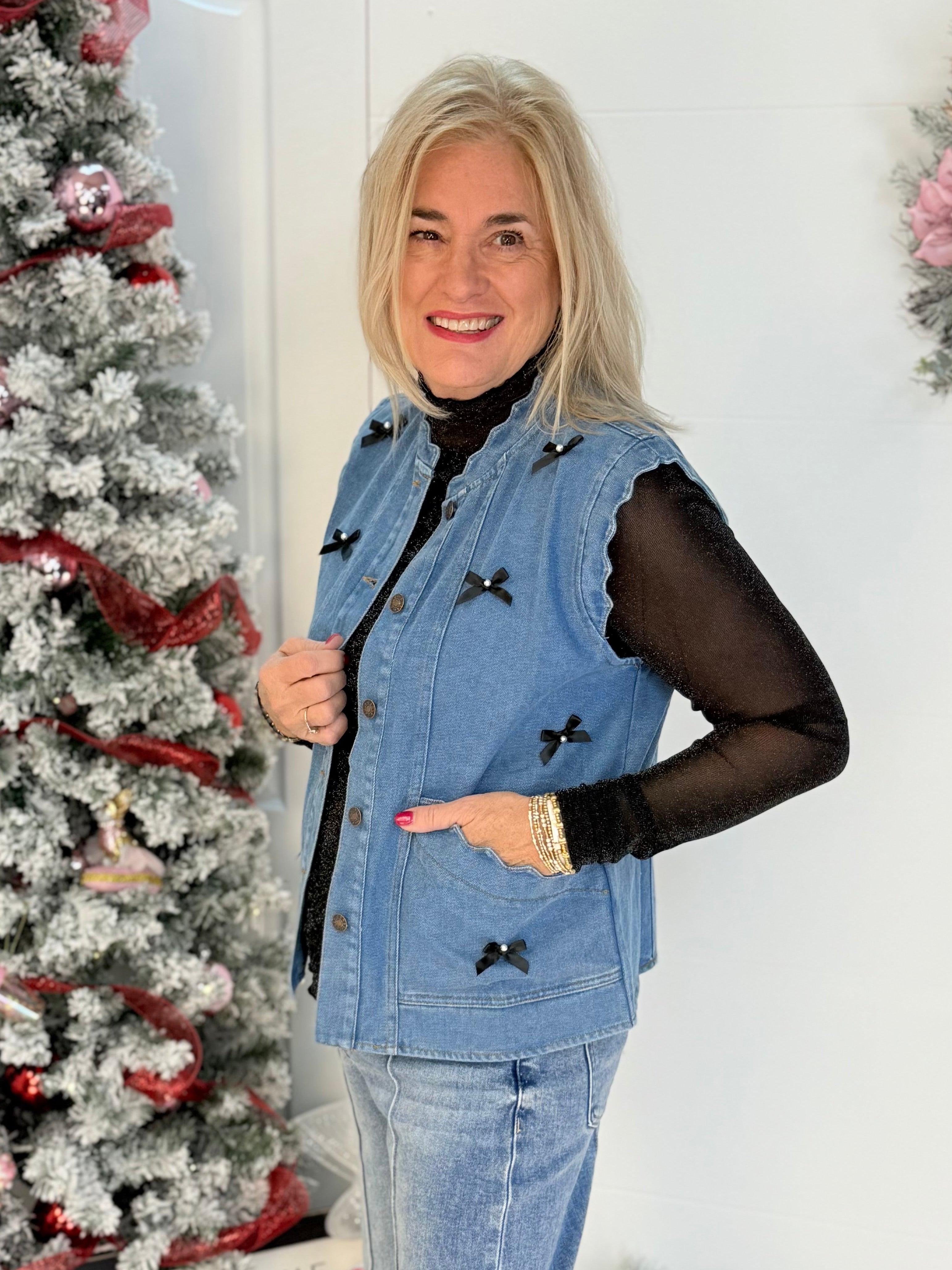 Scalloped Denim Vest with Bow Embellishments-170 Jackets/Outerwear-ODDI-The Lovely Closet, Women's Fashion Boutique in Alexandria, KY