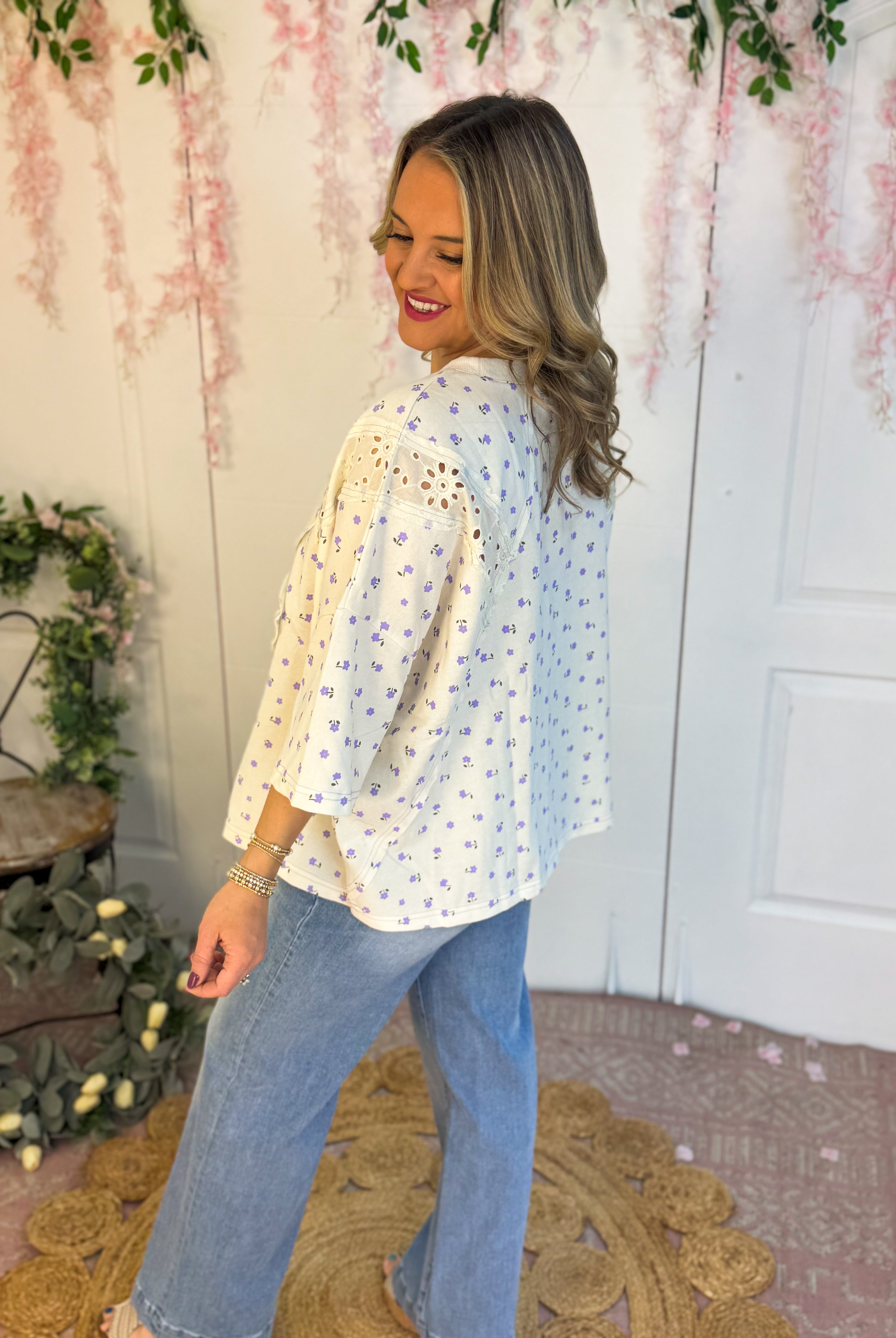 Lavender Ditsy Print Top-100 Short Sleeve Tops-easel-The Lovely Closet, Women's Fashion Boutique in Alexandria, KY