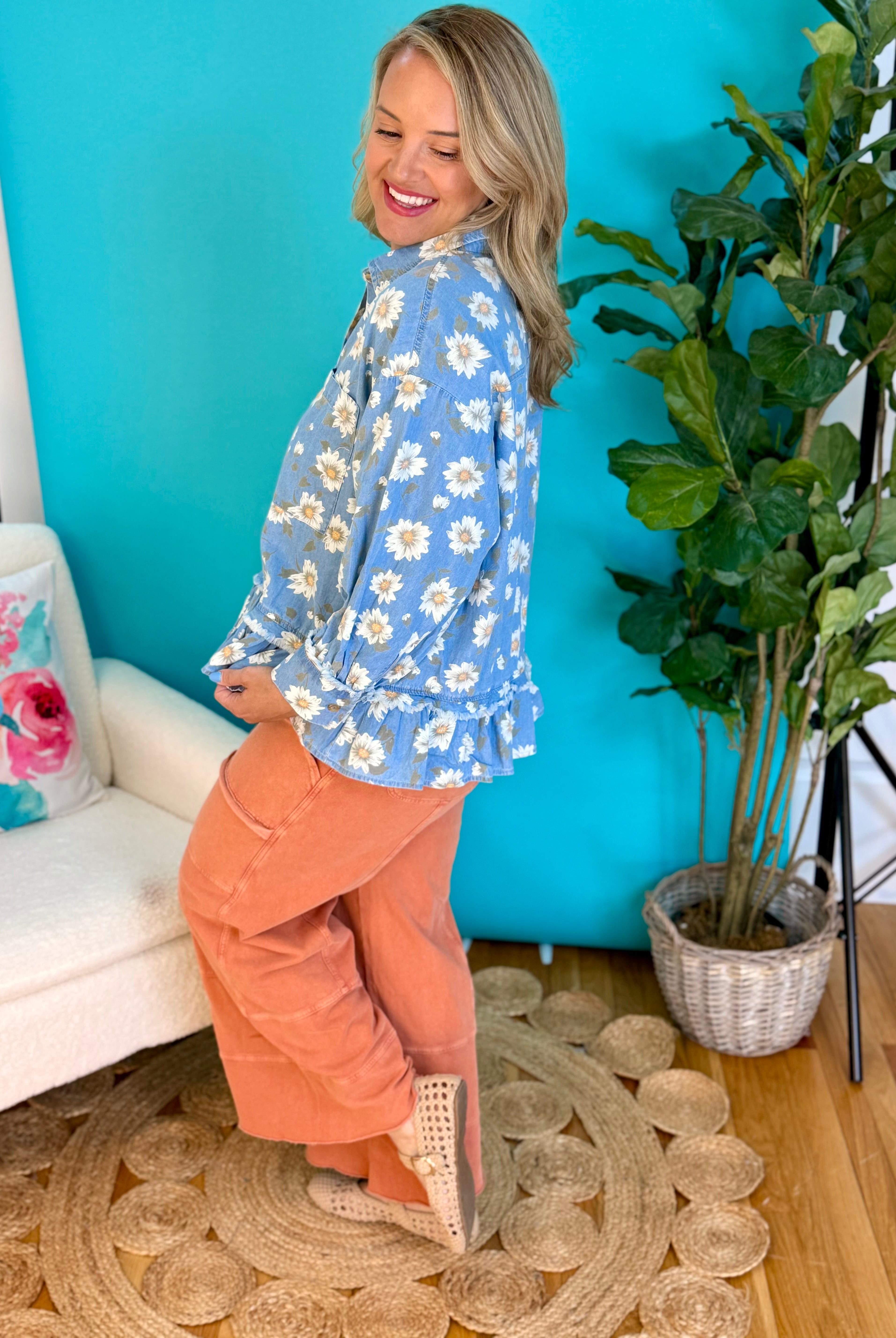 Daisy Print Denim Top-110 Long Sleeve Top-easel-The Lovely Closet, Women's Fashion Boutique in Alexandria, KY