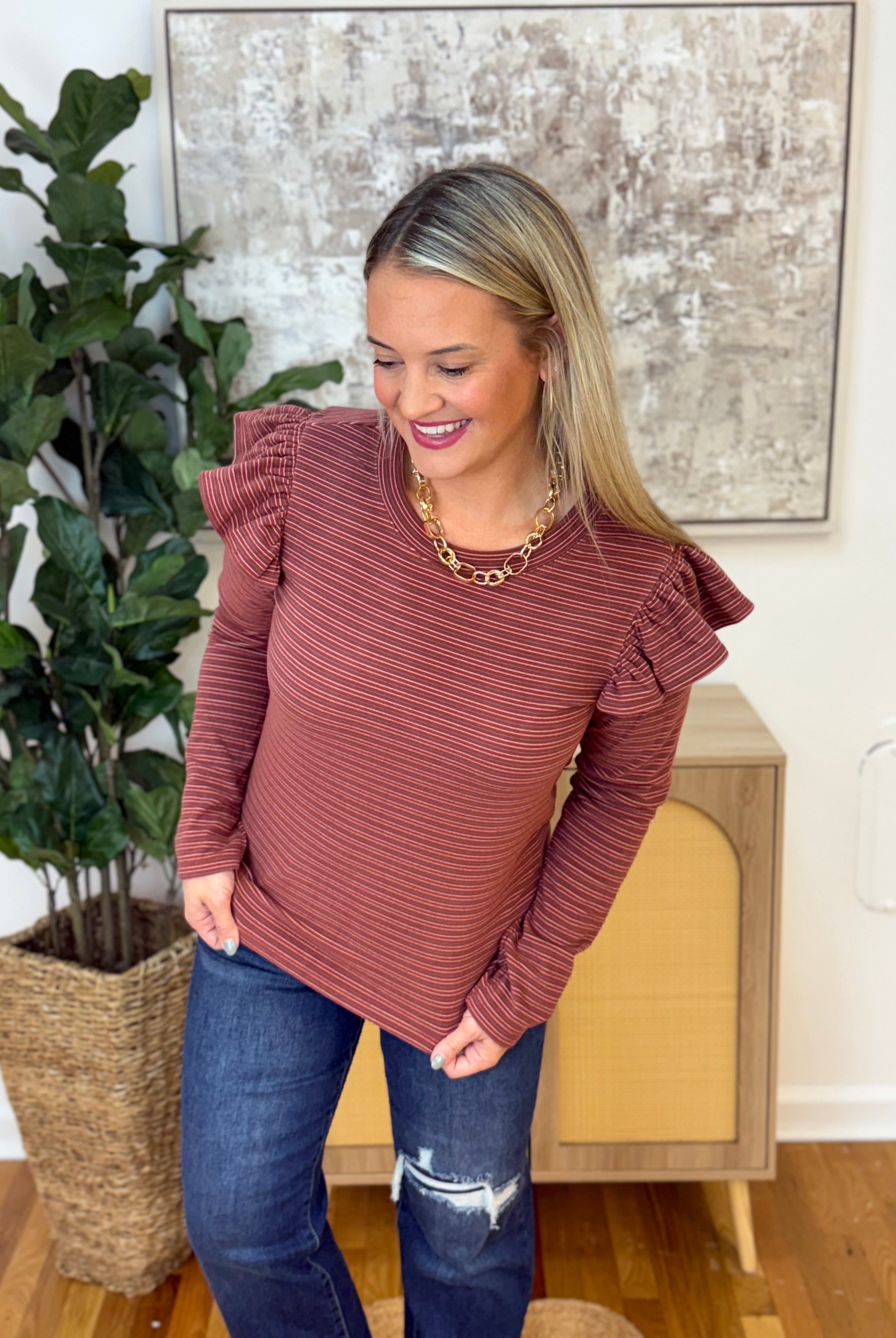 Brushed Stripe Ruffle Shoulder Top-110 Long Sleeve Top-Anniewear-The Lovely Closet, Women's Fashion Boutique in Alexandria, KY