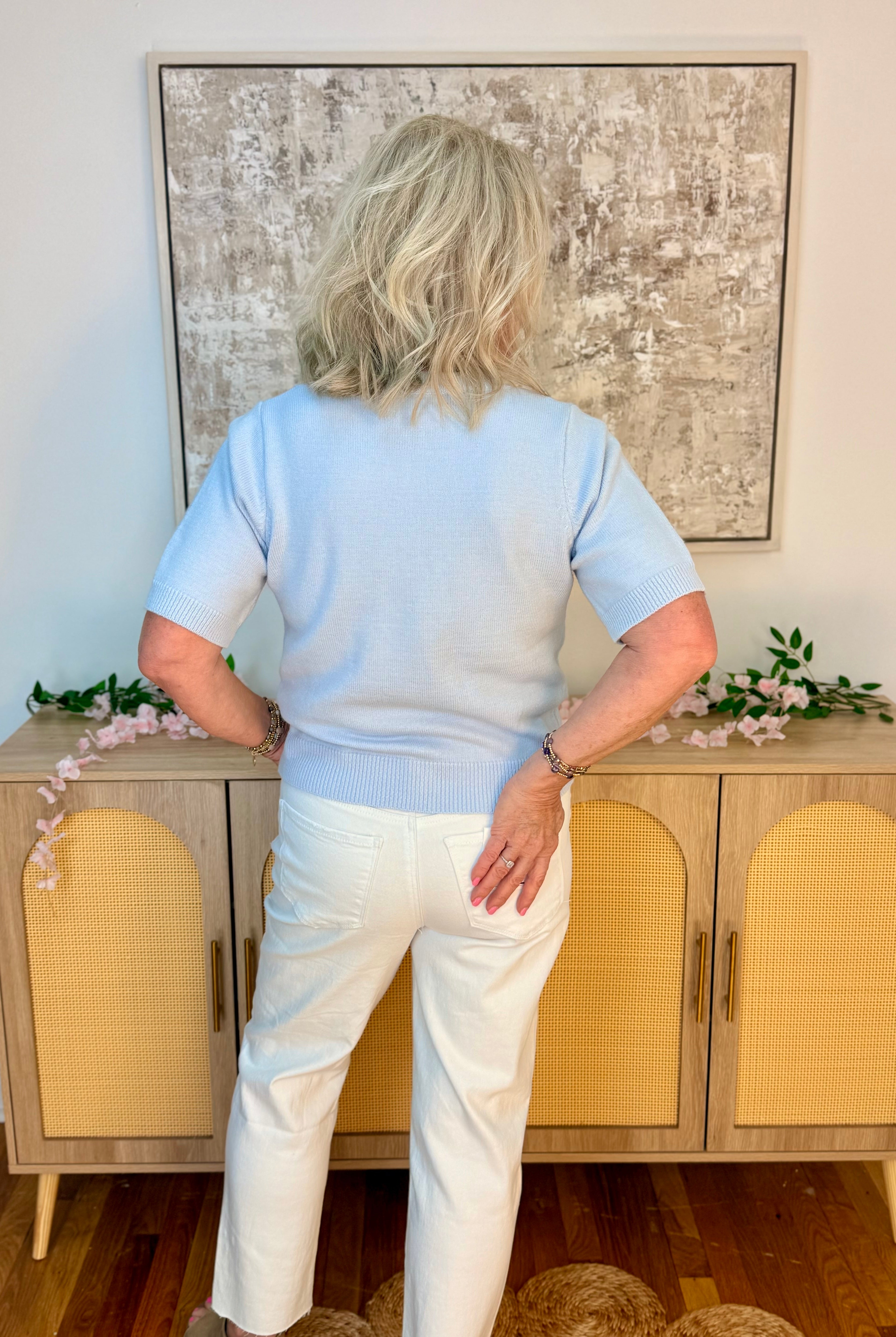 Dainty Pearl Bow Cardigan - Lt. Blue-160 Cardigan/Kimonos-Doe and Rae-The Lovely Closet, Women's Fashion Boutique in Alexandria, KY