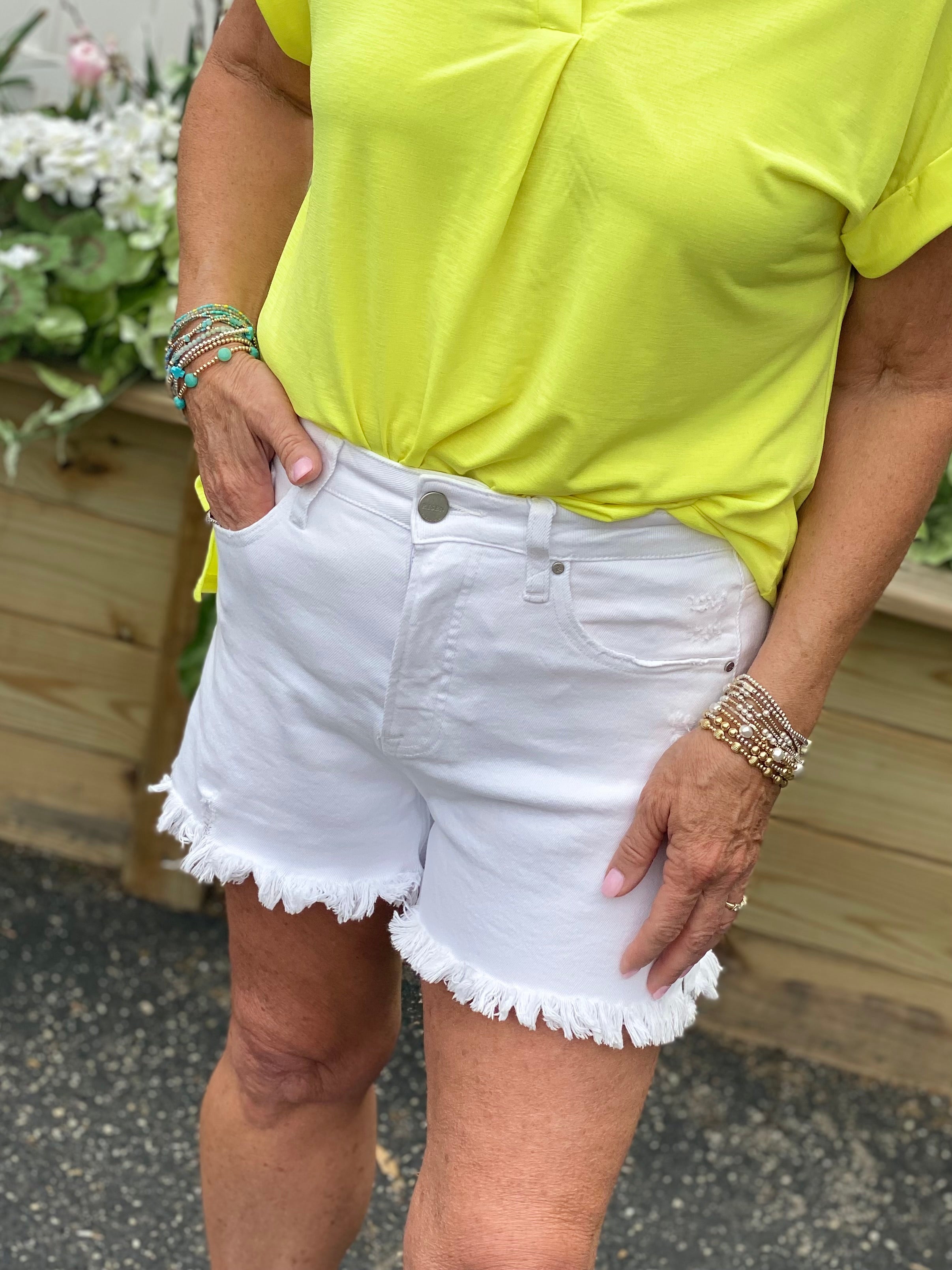 RISEN White Frayed Hem Shorts-230 Skirts/Shorts-Risen-The Lovely Closet, Women's Fashion Boutique in Alexandria, KY