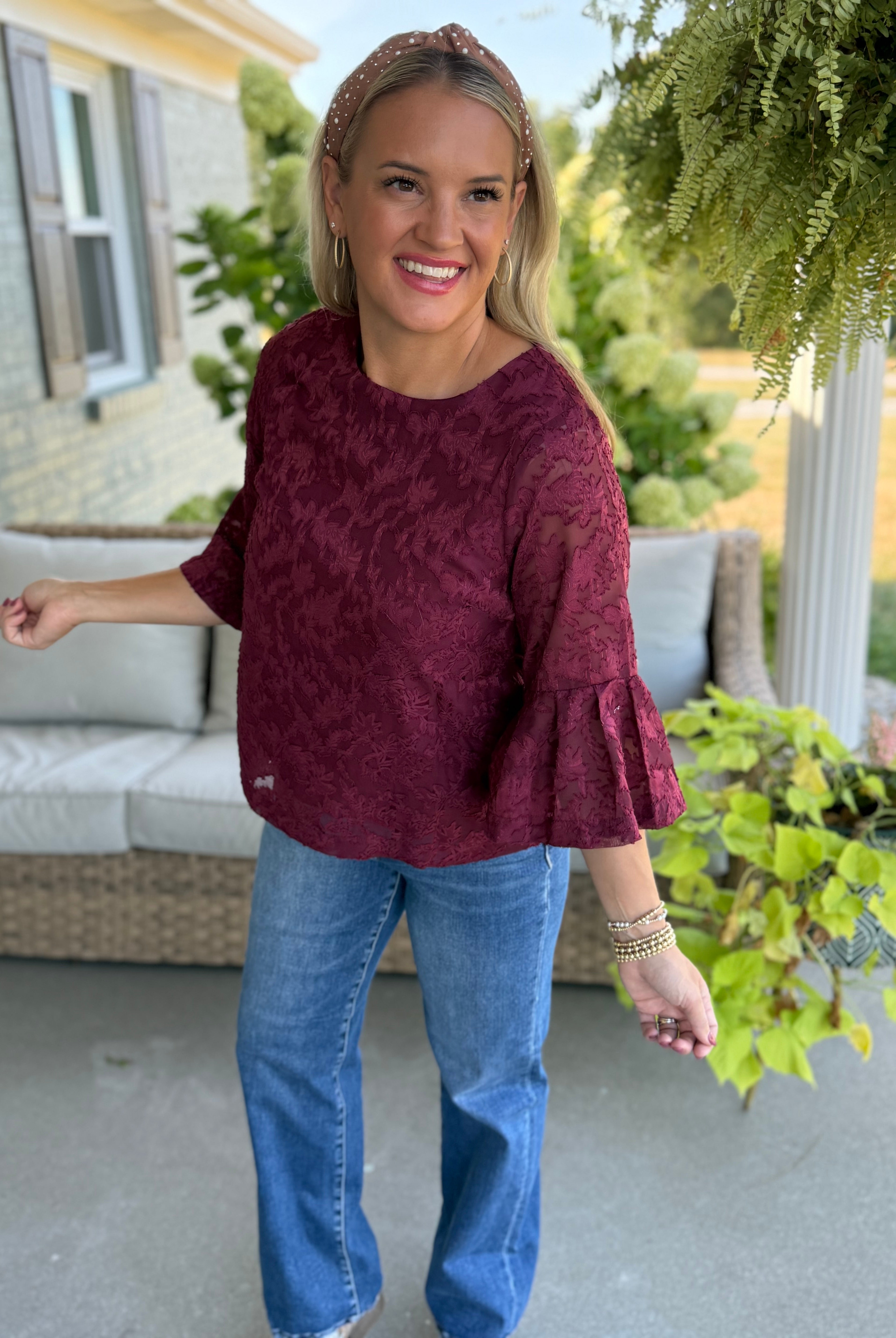 September Stroll Jacquard Bell Sleeve Chiffon Blouse-100 Short Sleeve Tops-Anniewear-The Lovely Closet, Women's Fashion Boutique in Alexandria, KY