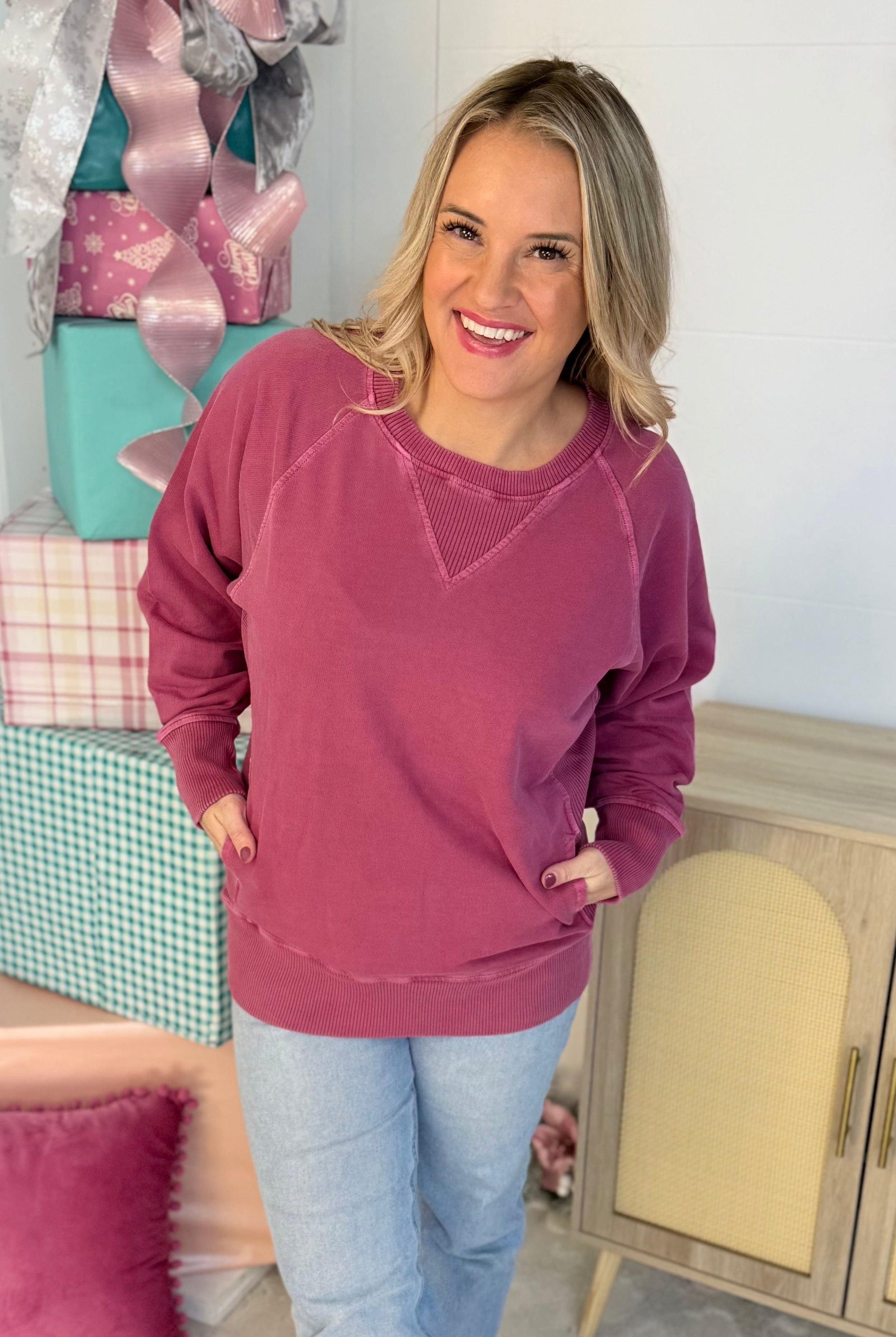 Keeping it Casual Pullover 2025 - Wine-150 Sweatshirts-zenana-The Lovely Closet, Women's Fashion Boutique in Alexandria, KY
