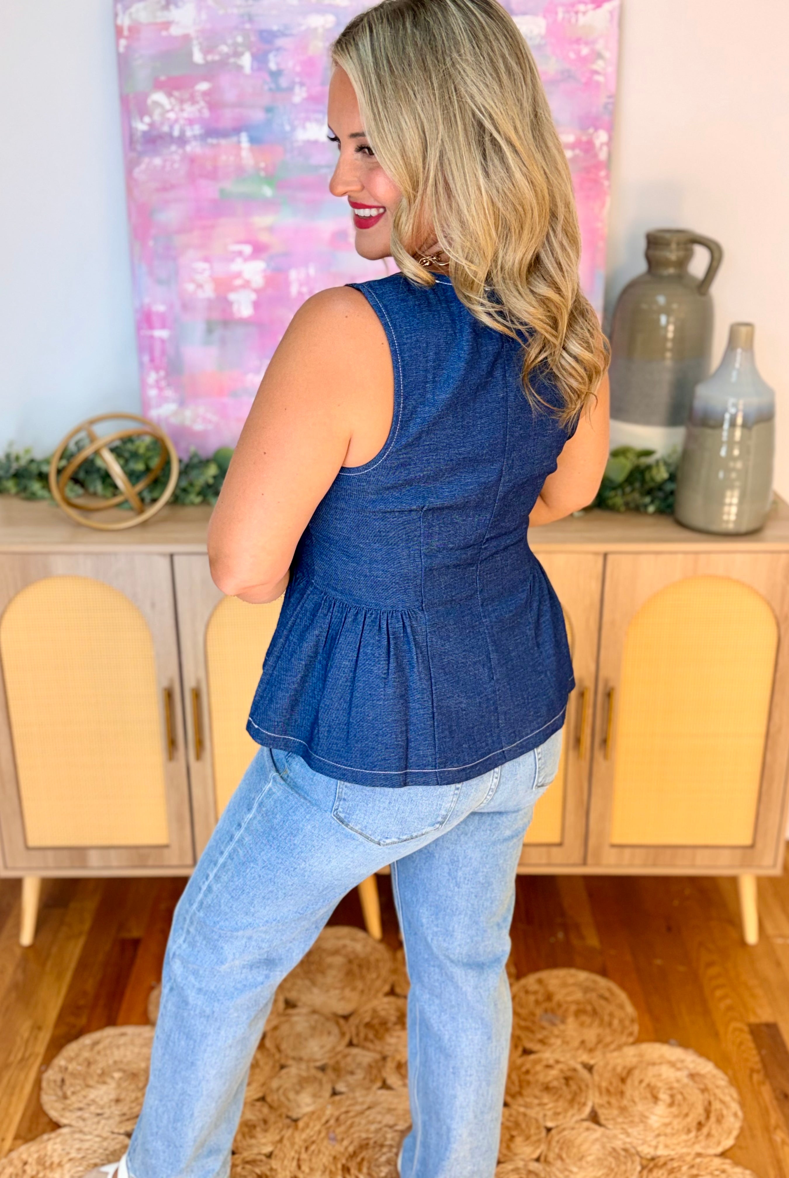 Darling Days Peplum Top - Denim Blue-120 Sleeveless Tops-She + Sky-The Lovely Closet, Women's Fashion Boutique in Alexandria, KY