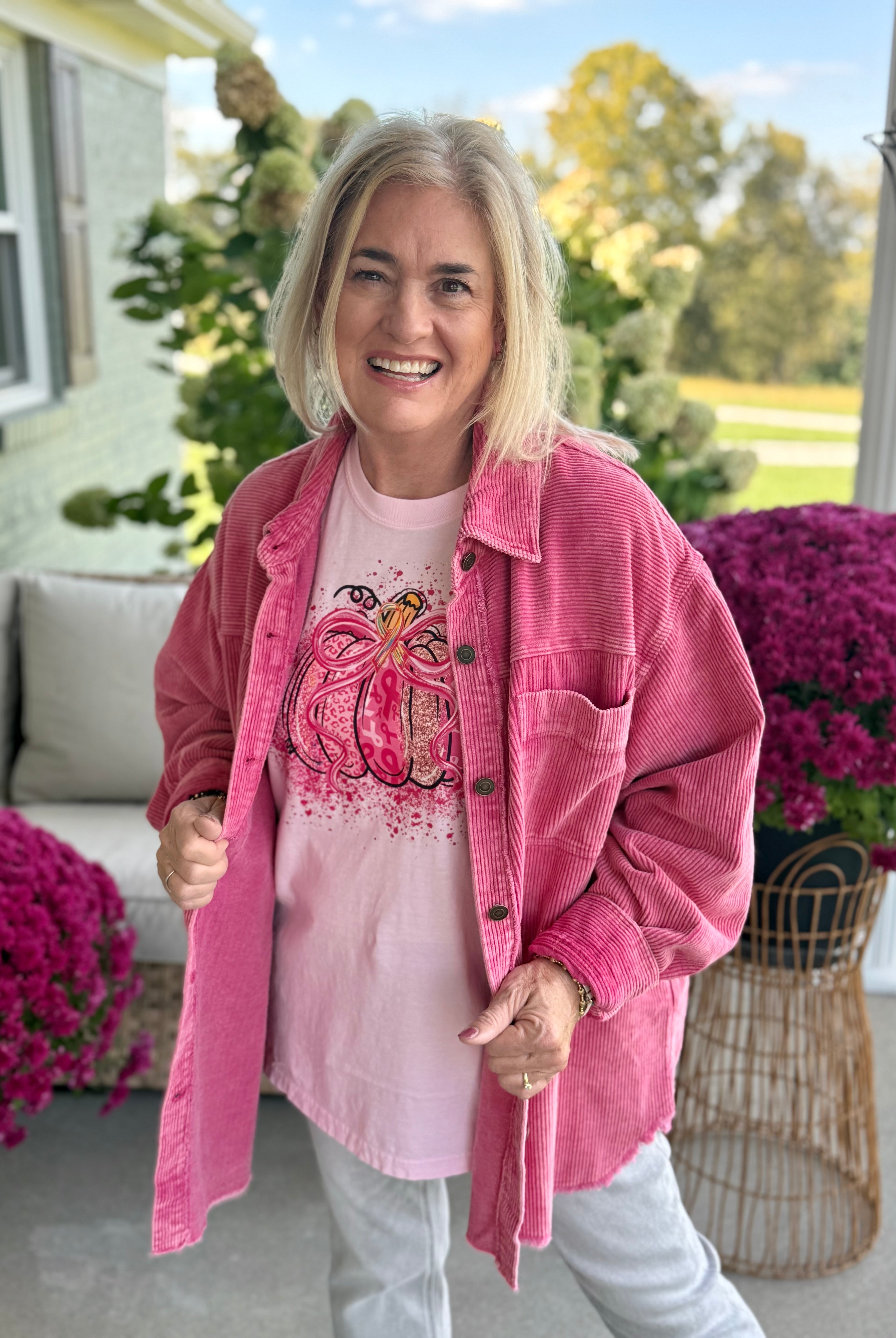 Courage in Corduroy Pink Shacket-170 Jackets/Outerwear-Donation Pink-The Lovely Closet, Women's Fashion Boutique in Alexandria, KY