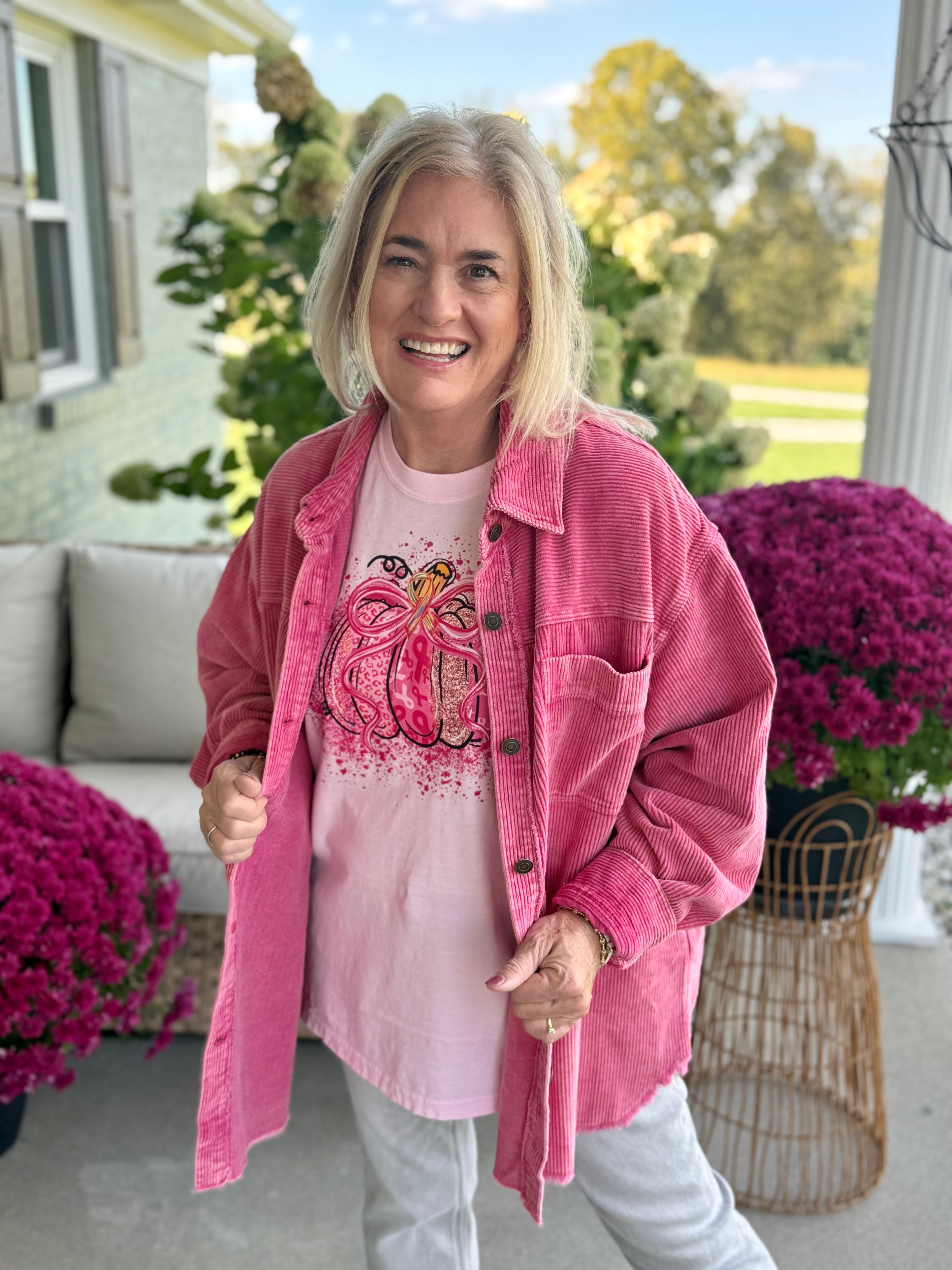 Courage in Corduroy Pink Shacket-170 Jackets/Outerwear-Donation Pink-The Lovely Closet, Women's Fashion Boutique in Alexandria, KY