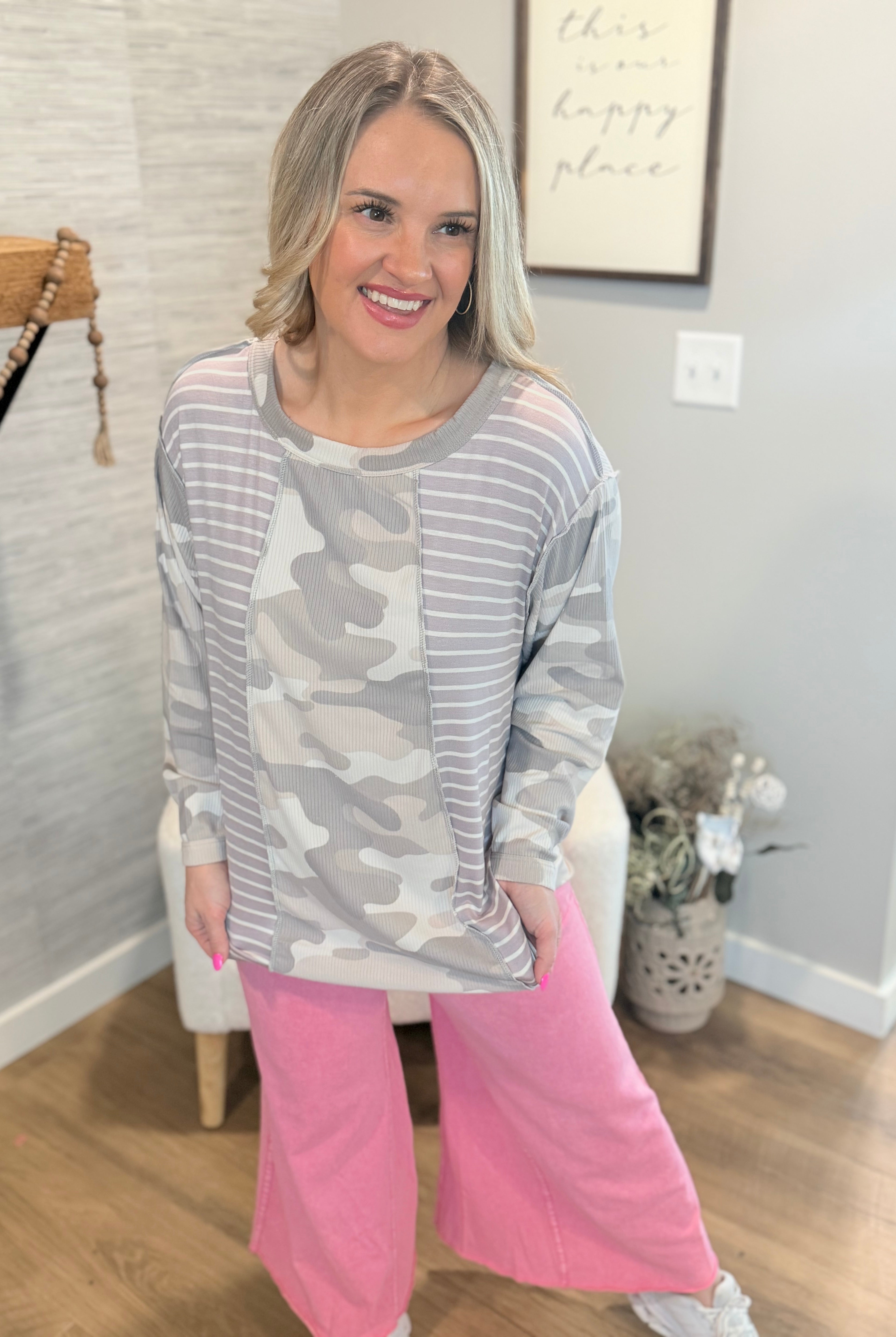 Camo and Stripe Top-110 Long Sleeve Top-bibi-The Lovely Closet, Women's Fashion Boutique in Alexandria, KY