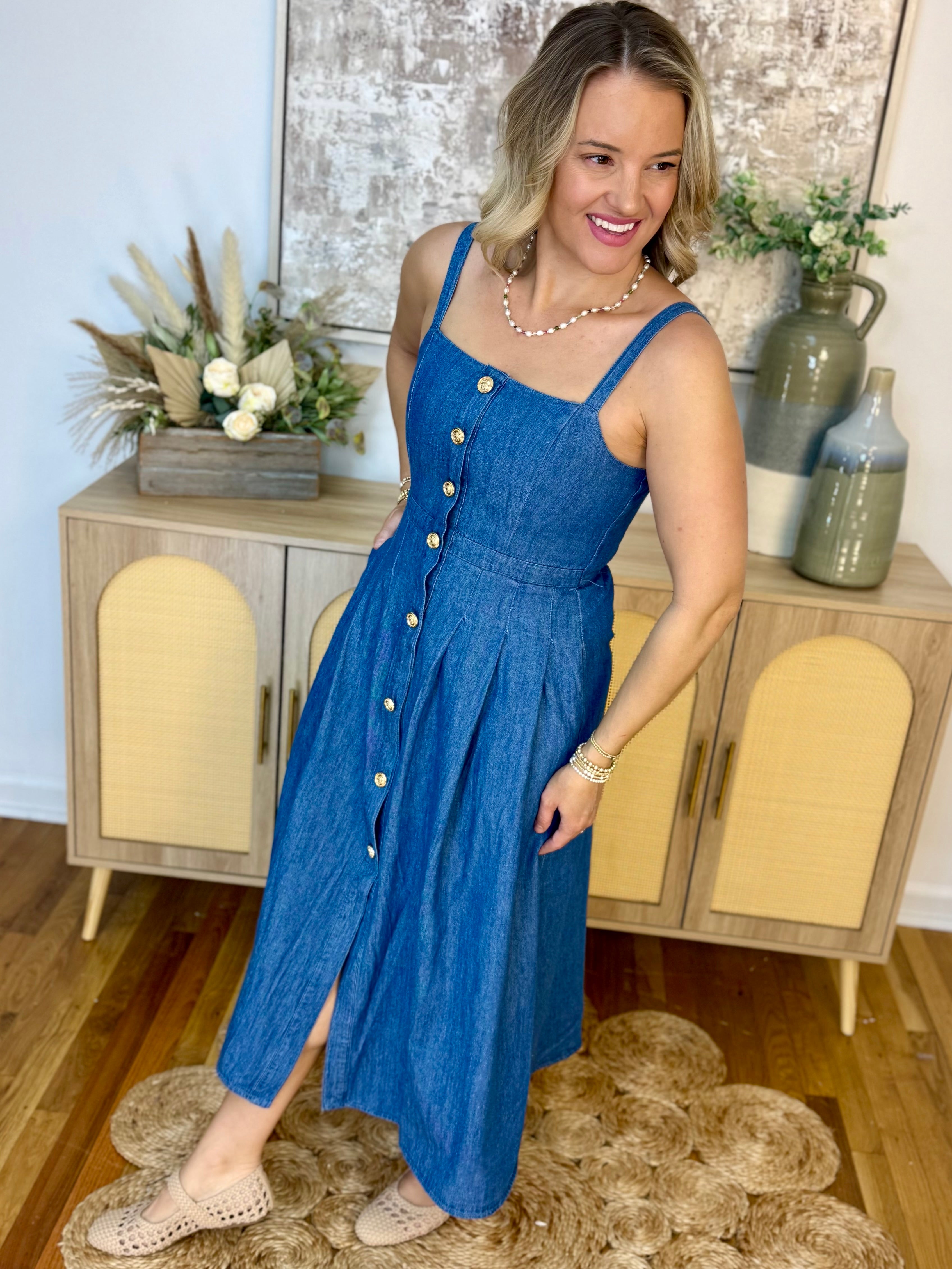 Timeless Denim Midi Dress-180 Dresses-Blu Pepper-The Lovely Closet, Women's Fashion Boutique in Alexandria, KY
