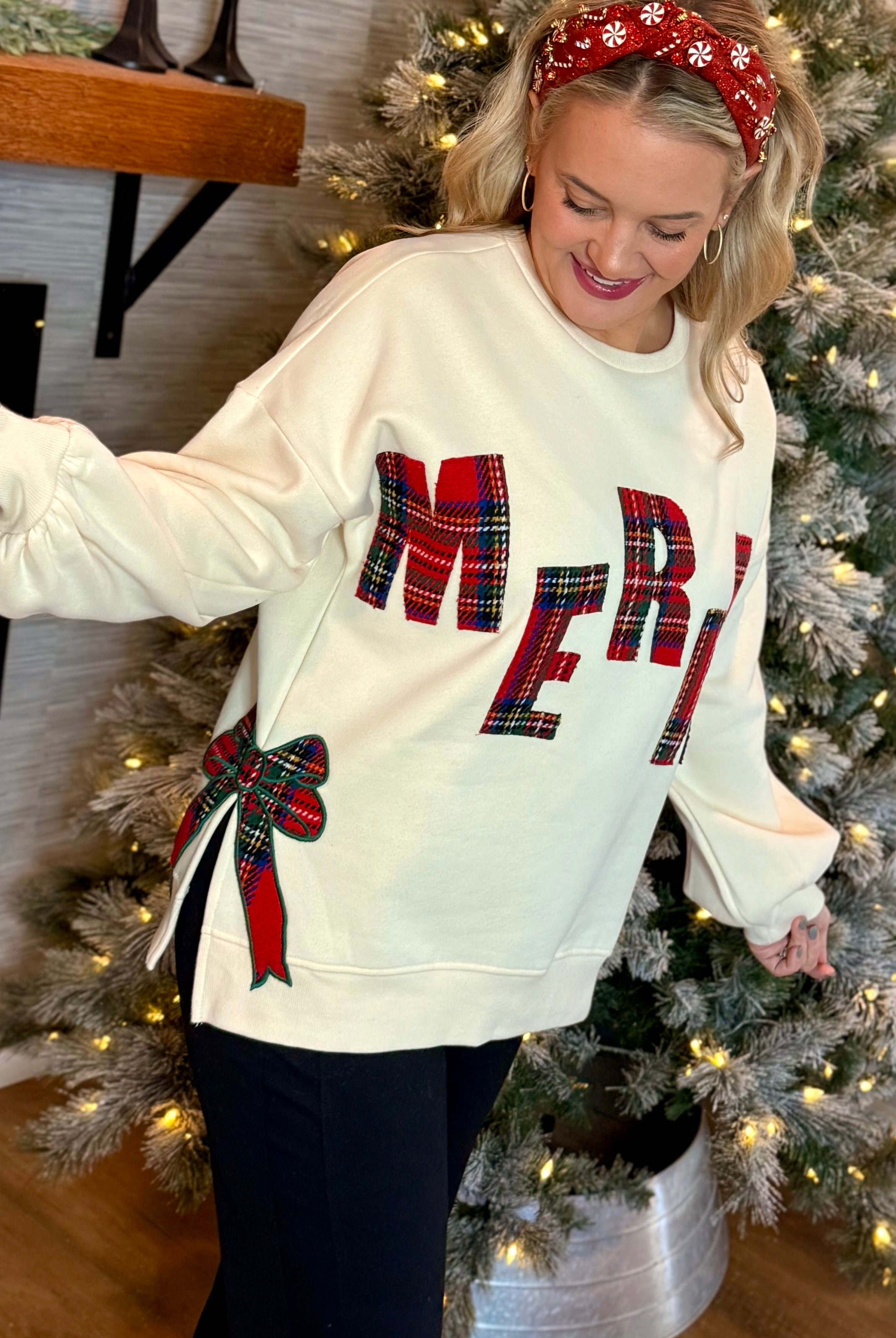 Plaid Merry Applique Pullover-110 Long Sleeve Top-Bibi-The Lovely Closet, Women's Fashion Boutique in Alexandria, KY