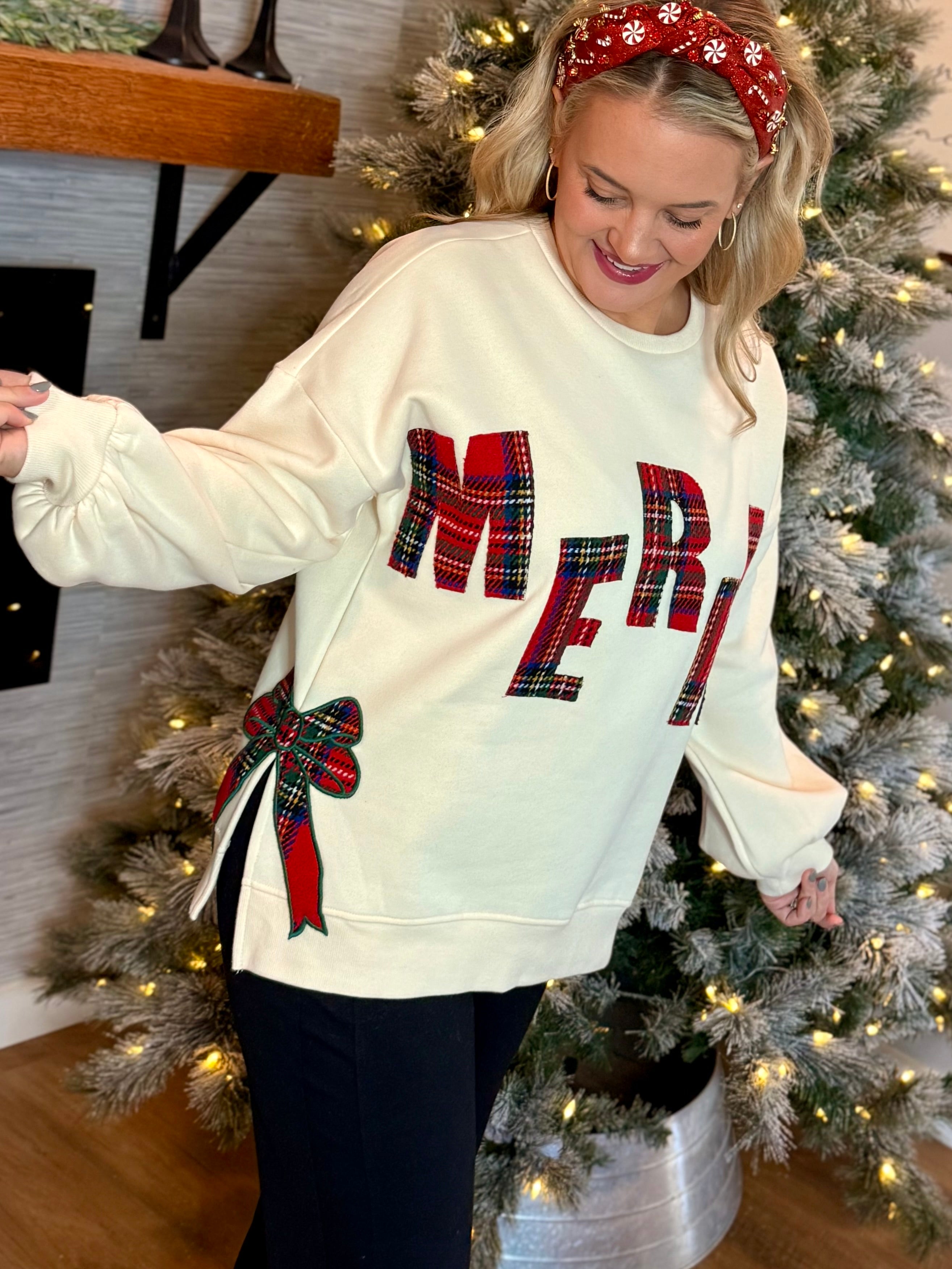 Plaid Merry Applique Pullover-110 Long Sleeve Top-Bibi-The Lovely Closet, Women's Fashion Boutique in Alexandria, KY