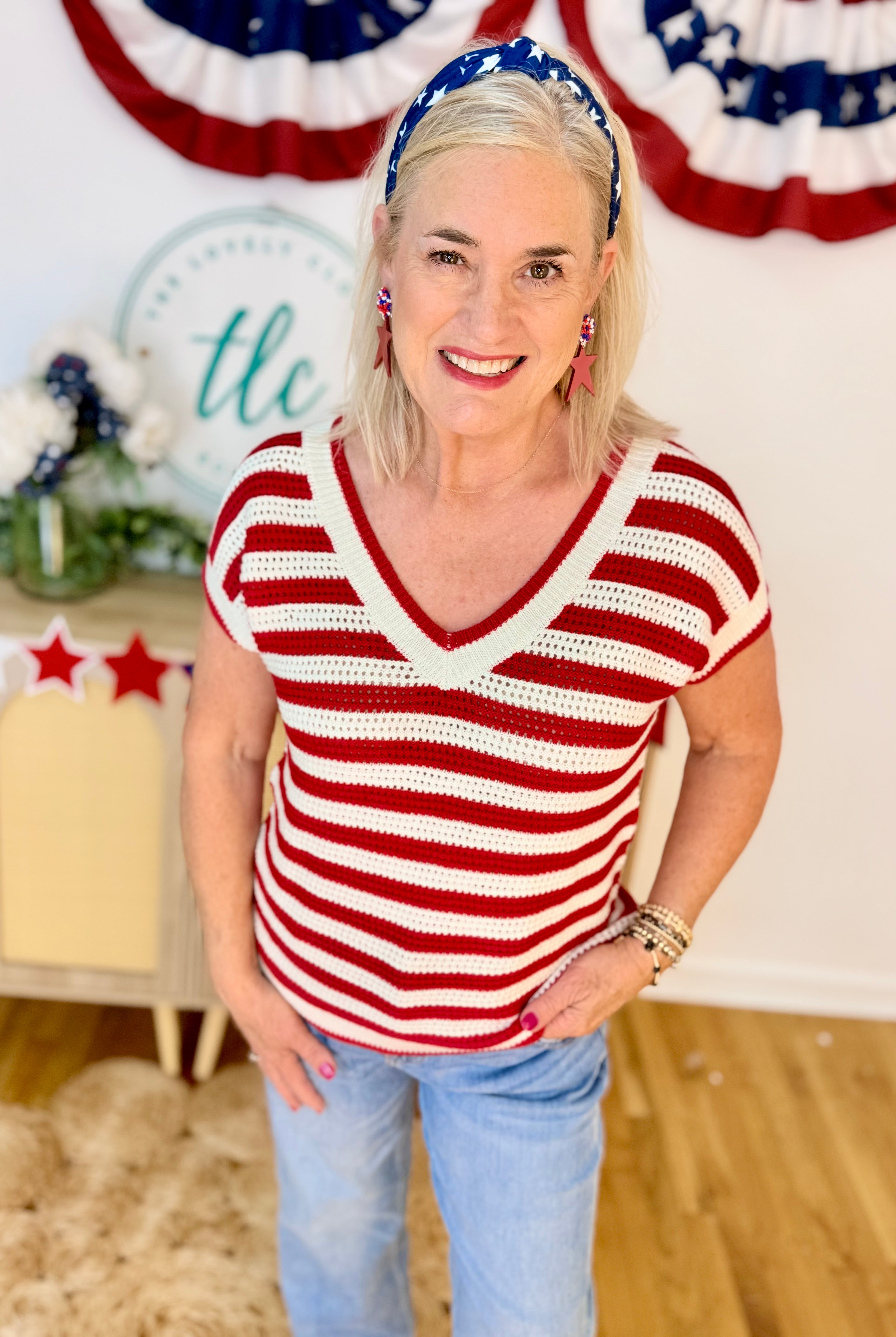 Red and White Knit Sweater Top-100 Short Sleeve Tops-Blu Pepper-The Lovely Closet, Women's Fashion Boutique in Alexandria, KY