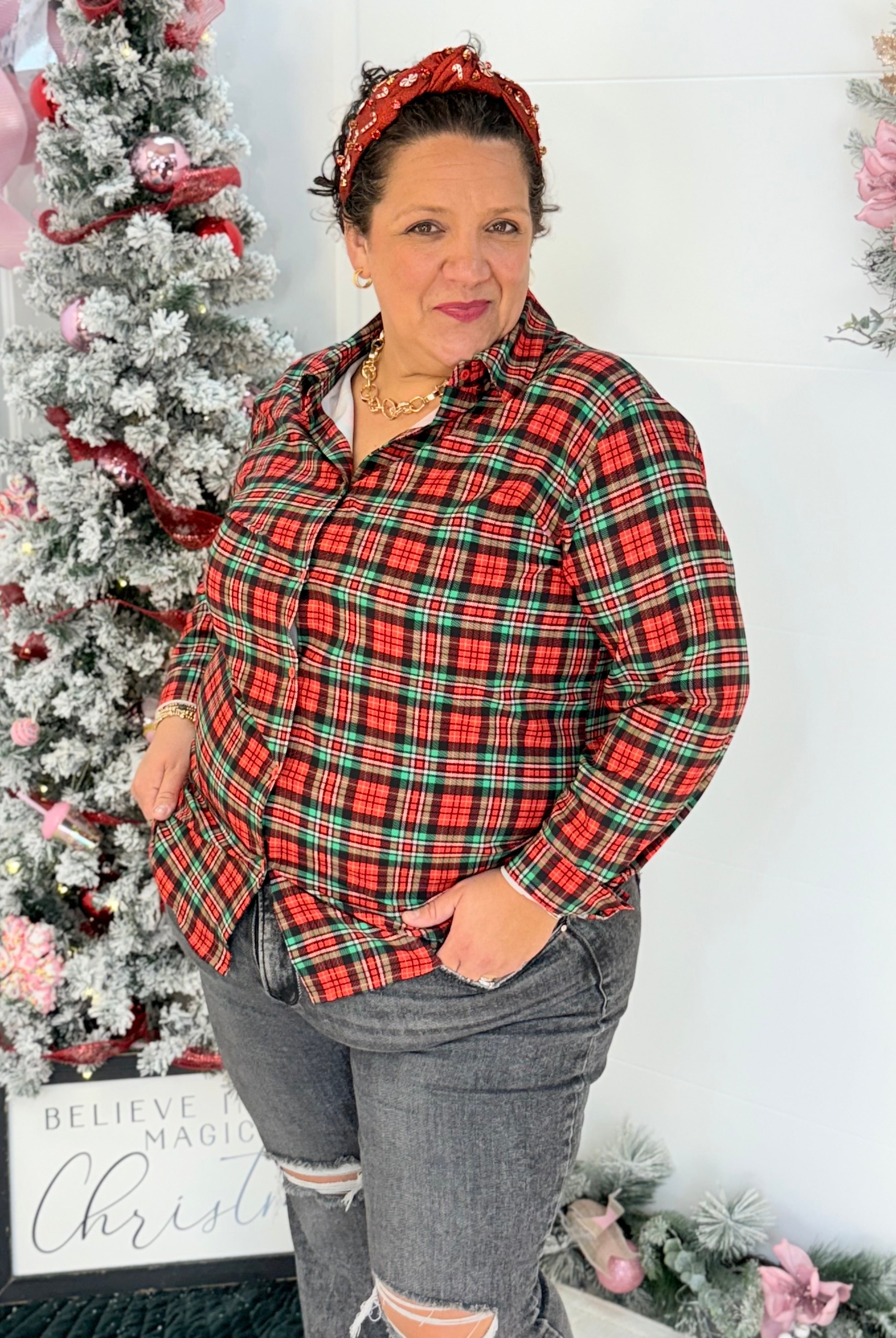 Jess Lea - Nina Button Up Tunic - Christmas Plaid-110 Long Sleeve Top-Jess Lea-The Lovely Closet, Women's Fashion Boutique in Alexandria, KY