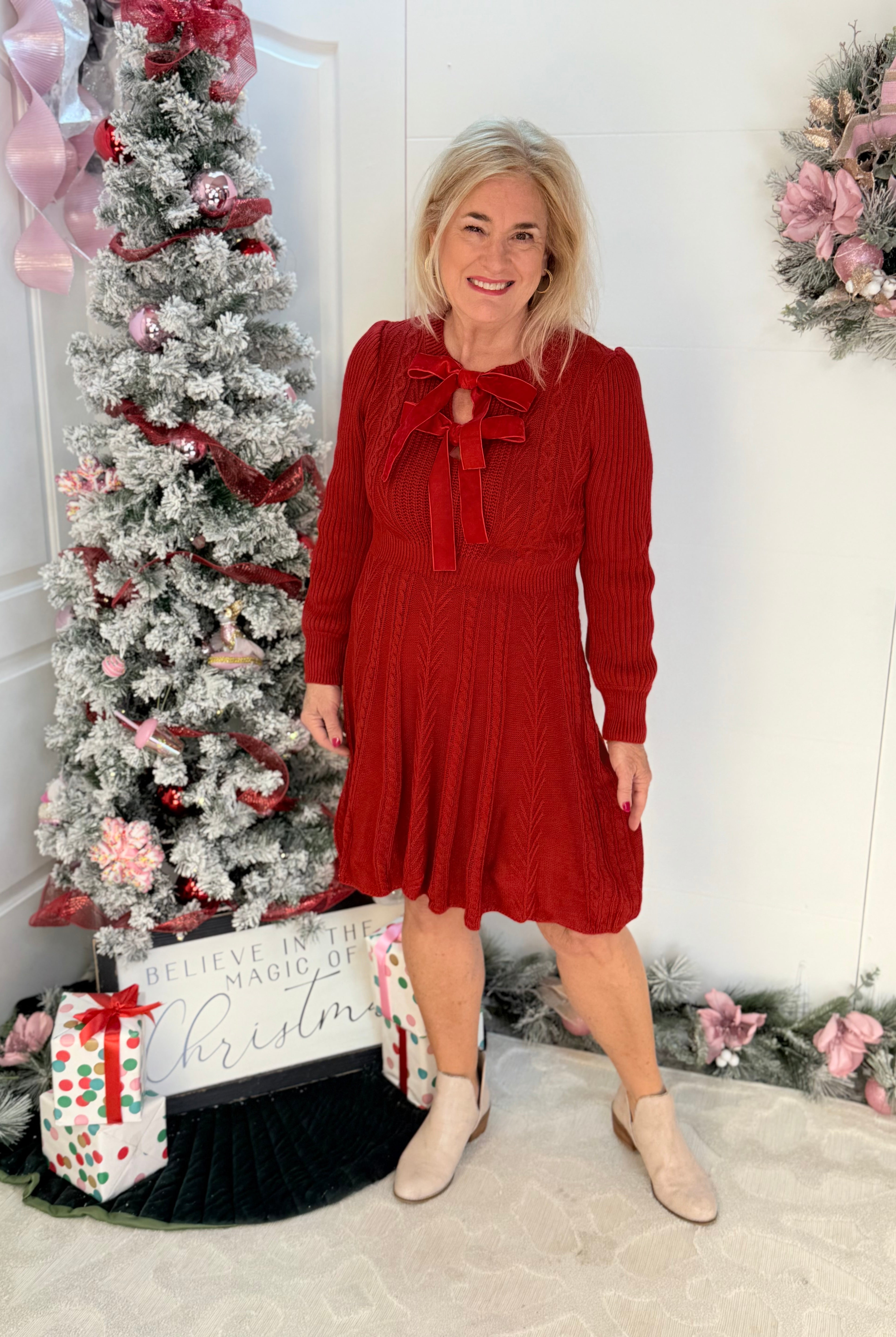 Christmas Velvet Bow Cable Sweater Dress-110 Long Sleeve Top-Bibi-The Lovely Closet, Women's Fashion Boutique in Alexandria, KY