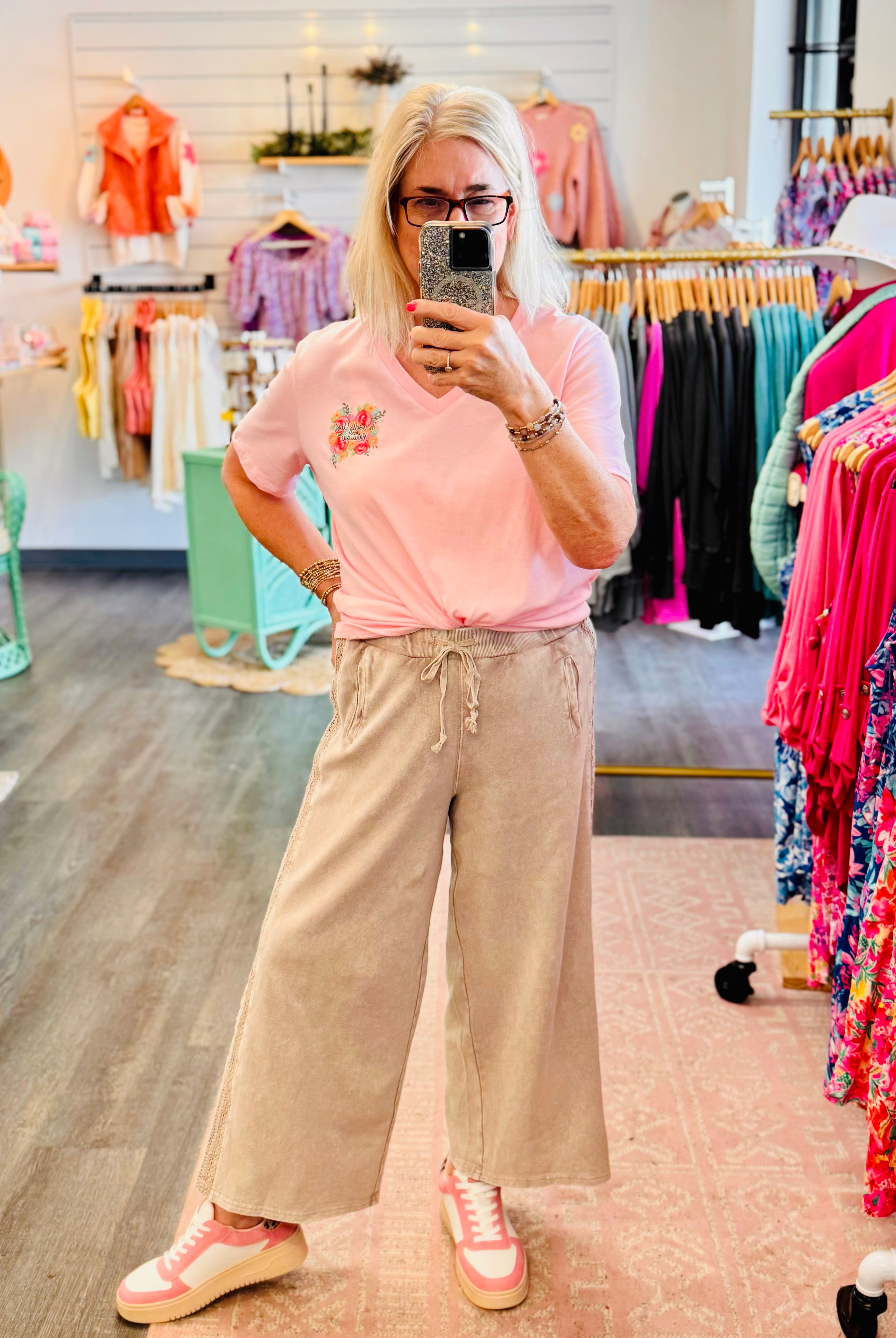 On the Casual Side Lace Detail Pants - Mushroom-240 Pants-The Lovely Closet-The Lovely Closet, Women's Fashion Boutique in Alexandria, KY