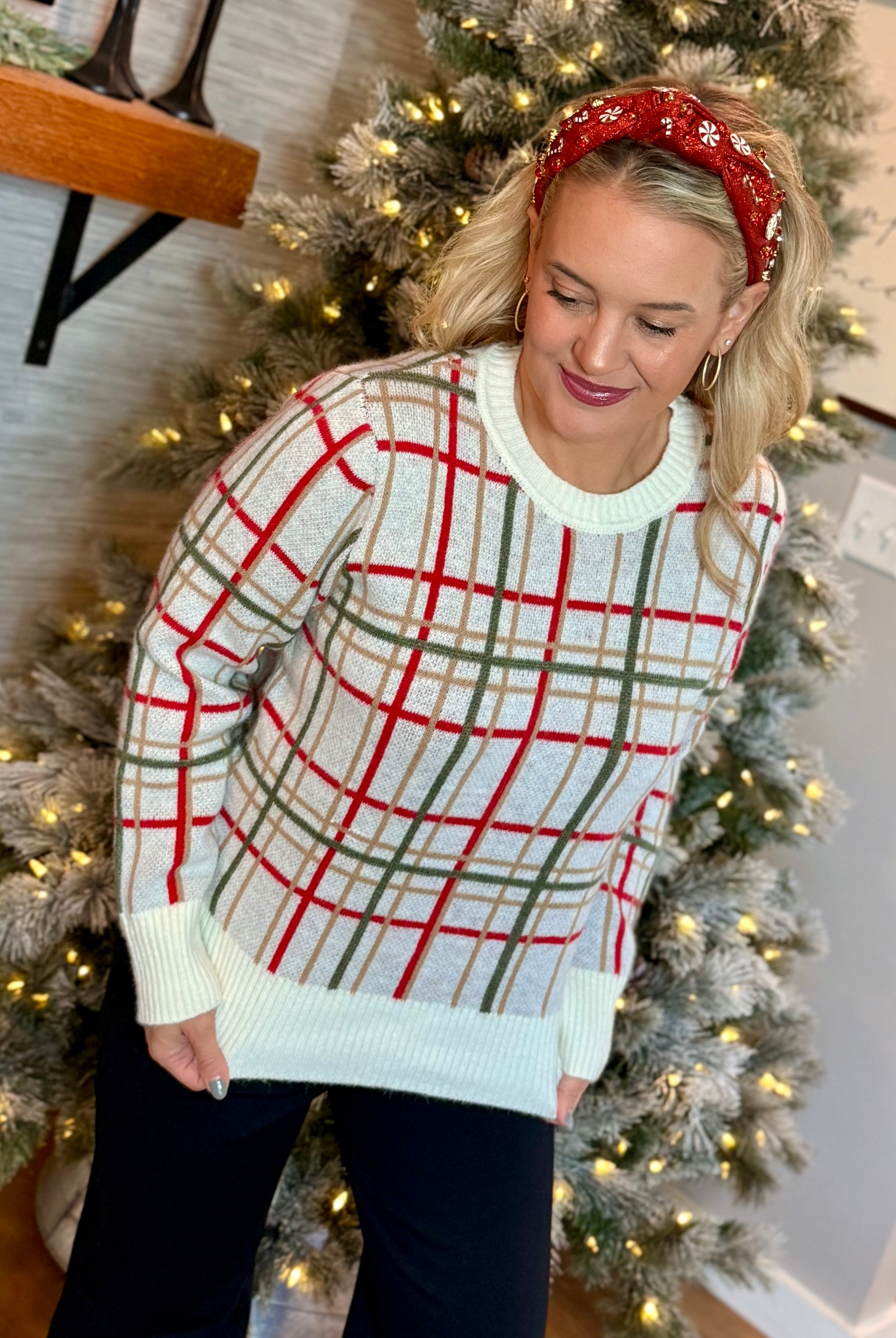 Christmas Plaid Sweater-140 Sweaters-Bibi-The Lovely Closet, Women's Fashion Boutique in Alexandria, KY