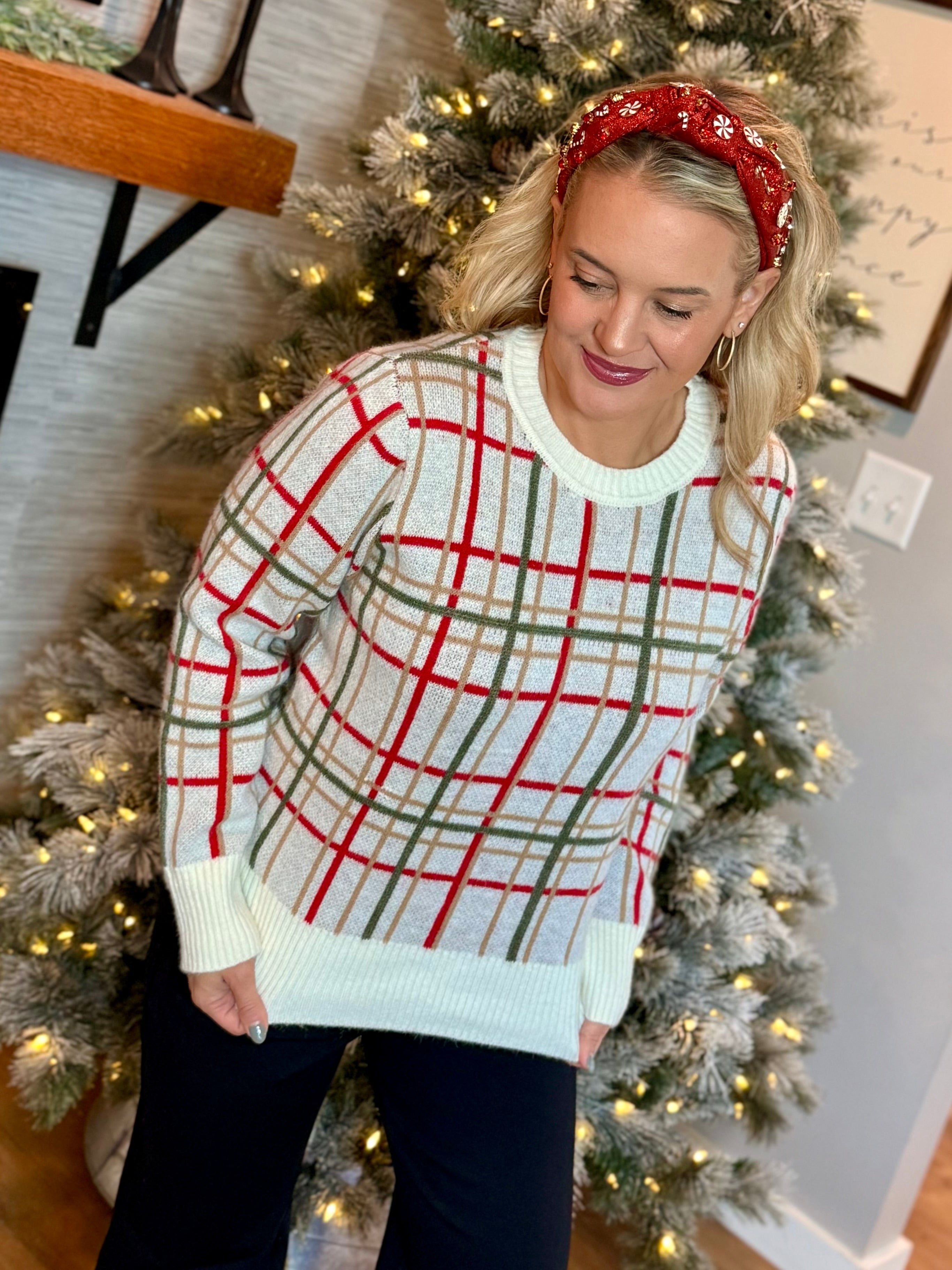 Christmas Plaid Sweater-140 Sweaters-Bibi-The Lovely Closet, Women's Fashion Boutique in Alexandria, KY