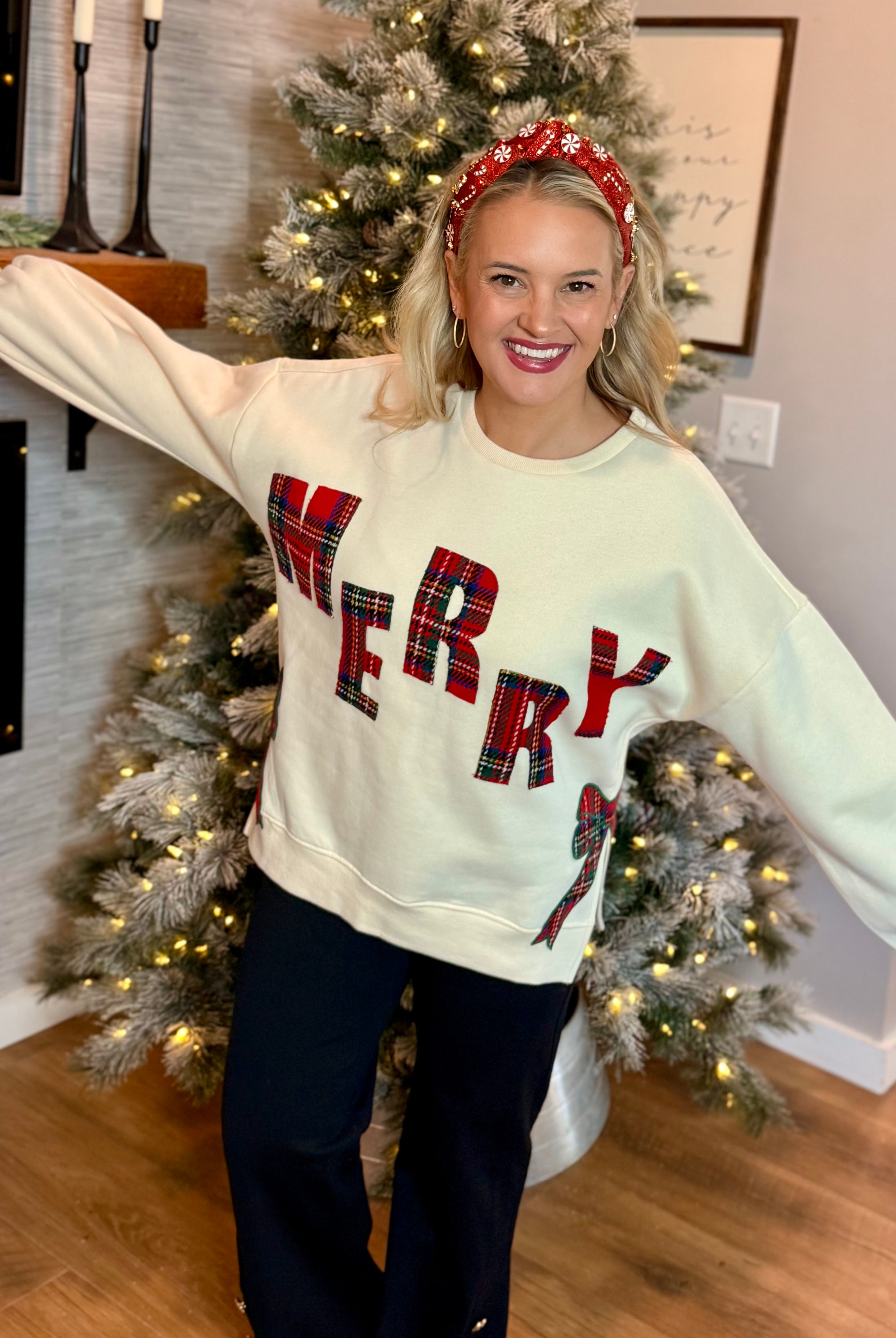 Plaid Merry Applique Pullover-110 Long Sleeve Top-Bibi-The Lovely Closet, Women's Fashion Boutique in Alexandria, KY