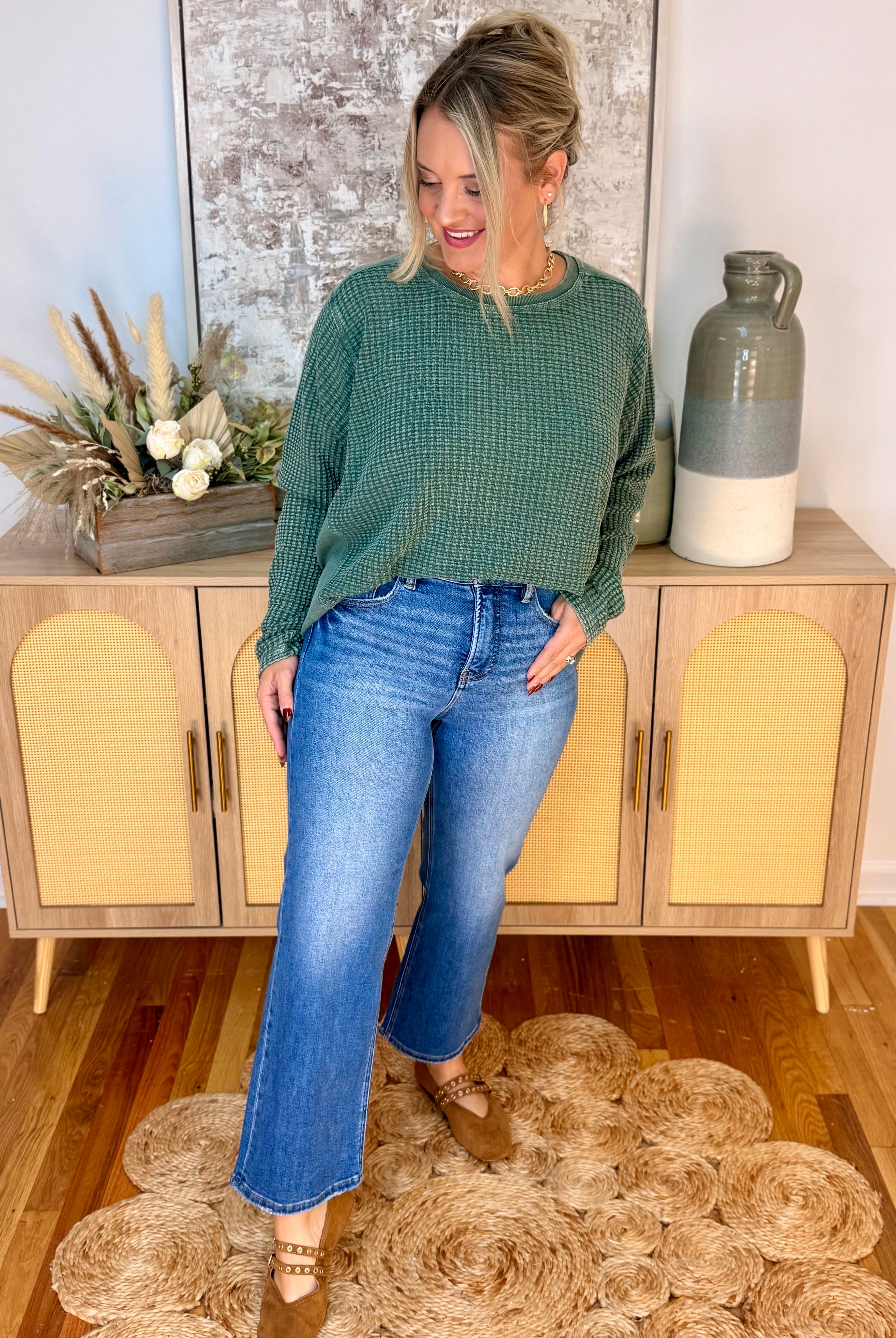 Something Extra waffle Knit Top - Pine-110 Long Sleeve Top-easel-The Lovely Closet, Women's Fashion Boutique in Alexandria, KY