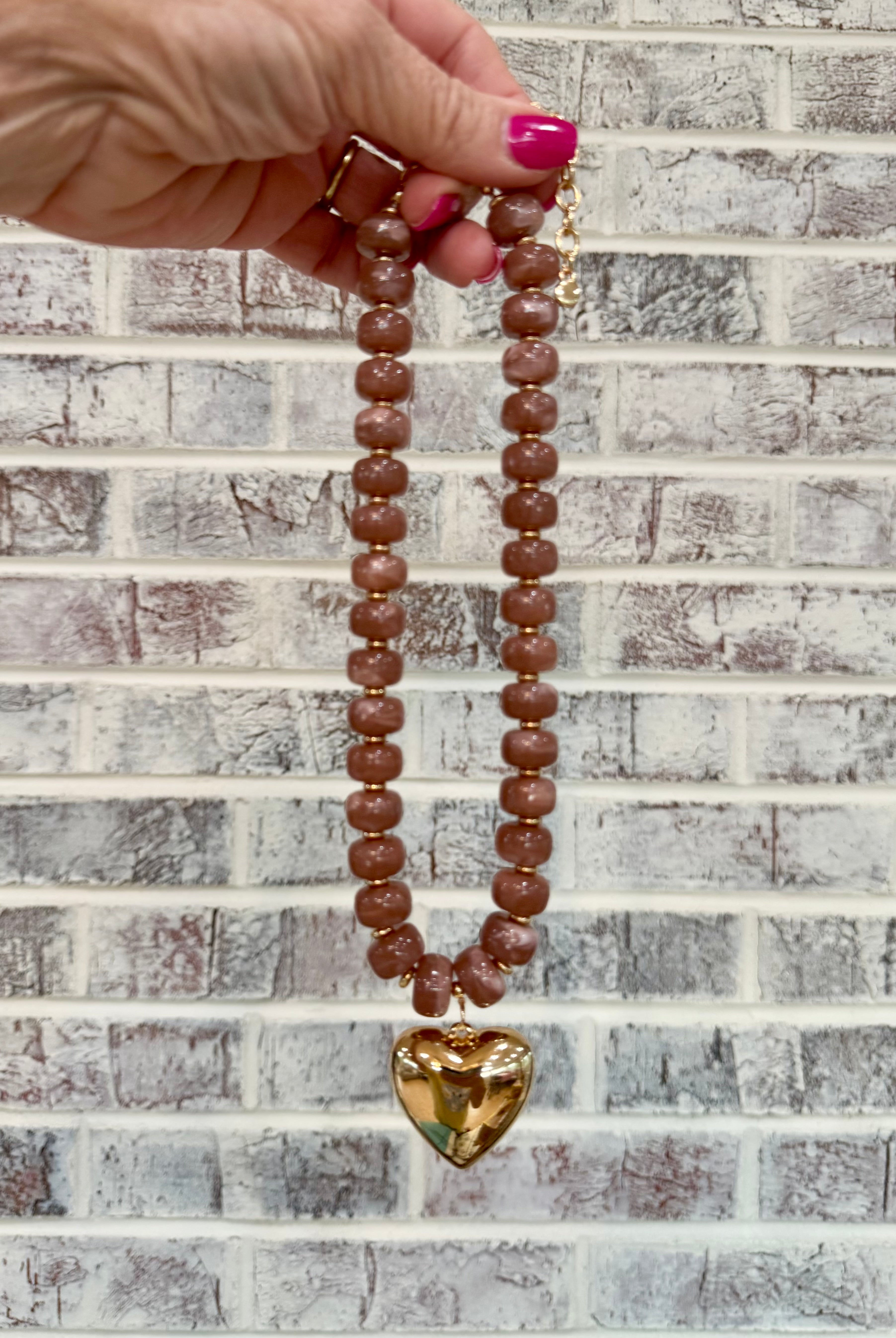 Mauve Candy Bead w/Heart Charm Necklace-280 Accessories-Golden Stella-The Lovely Closet, Women's Fashion Boutique in Alexandria, KY