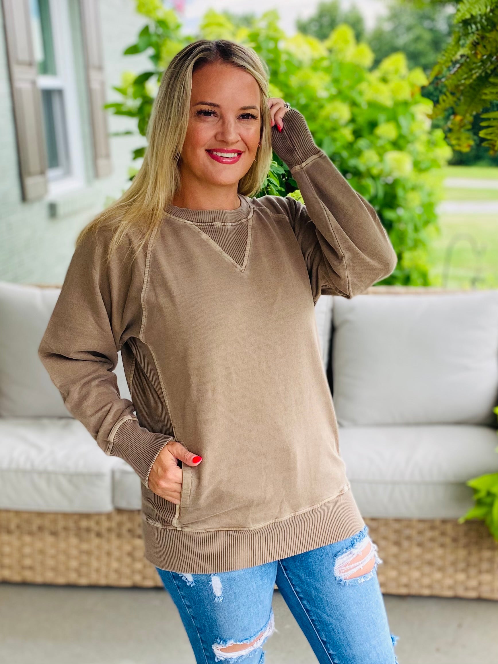 Keeping it Casual Pullover 2025 - Mocha-150 Sweatshirts-zenana-The Lovely Closet, Women's Fashion Boutique in Alexandria, KY