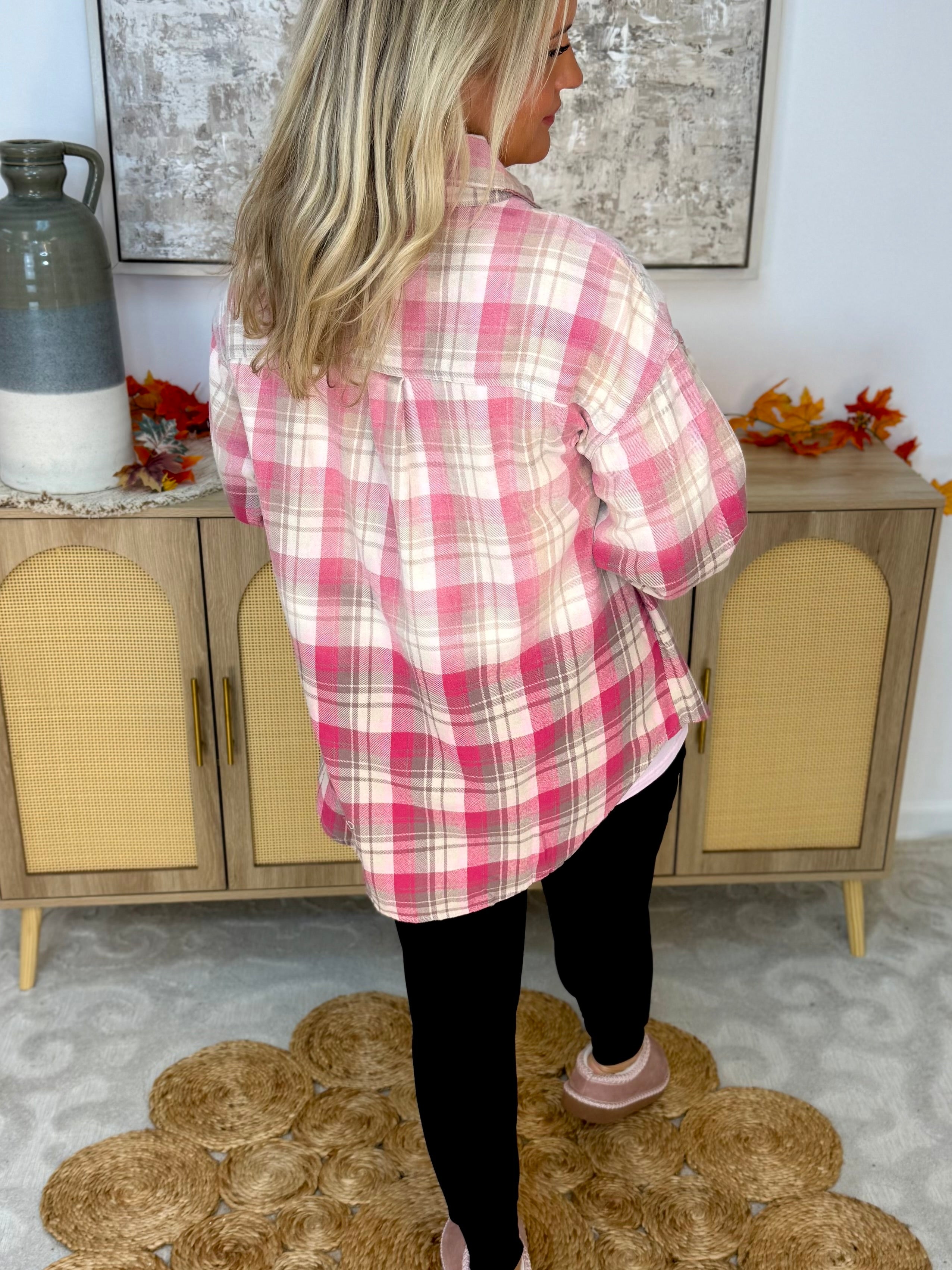 Pink Plaid Ombre Flannel Button Down-110 Long Sleeve Top-White Birch-The Lovely Closet, Women's Fashion Boutique in Alexandria, KY