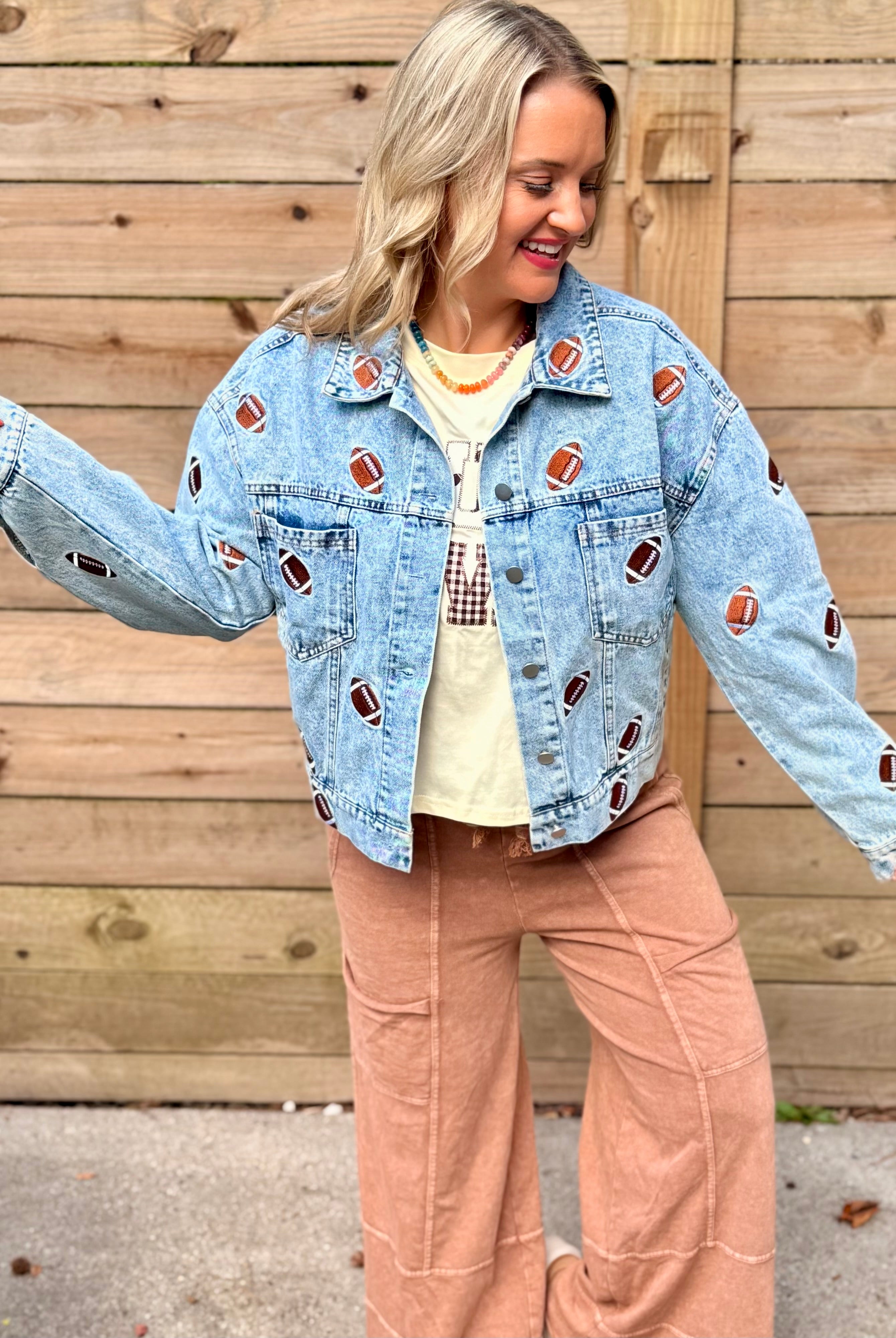 Football Fanatic Embroidered Denim Jacket-170 Jackets/Outerwear-The Lovely Closet-The Lovely Closet, Women's Fashion Boutique in Alexandria, KY