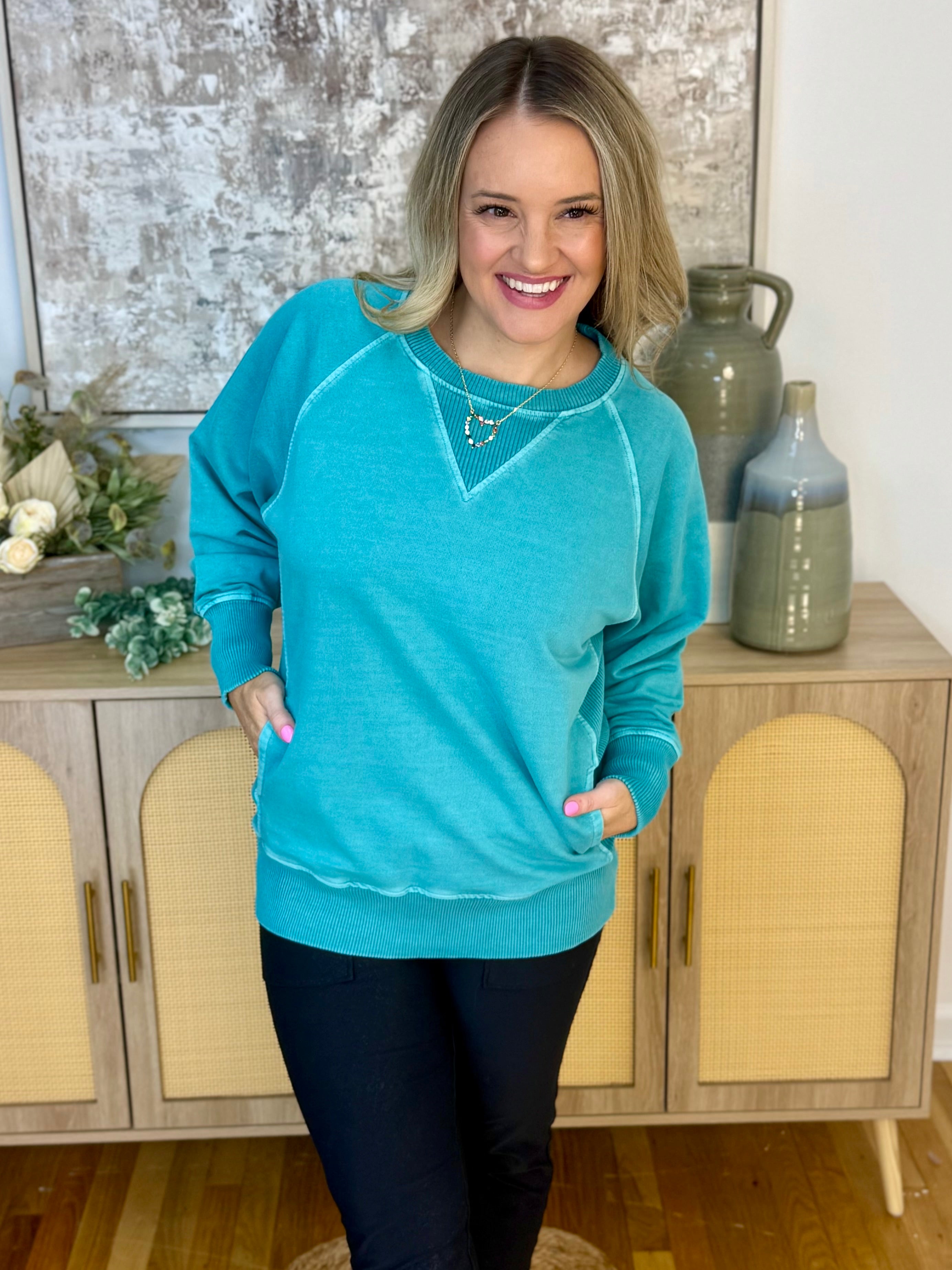 Keeping it Casual Pullover 2025 - Turquoise-150 Sweatshirts-zenana-The Lovely Closet, Women's Fashion Boutique in Alexandria, KY