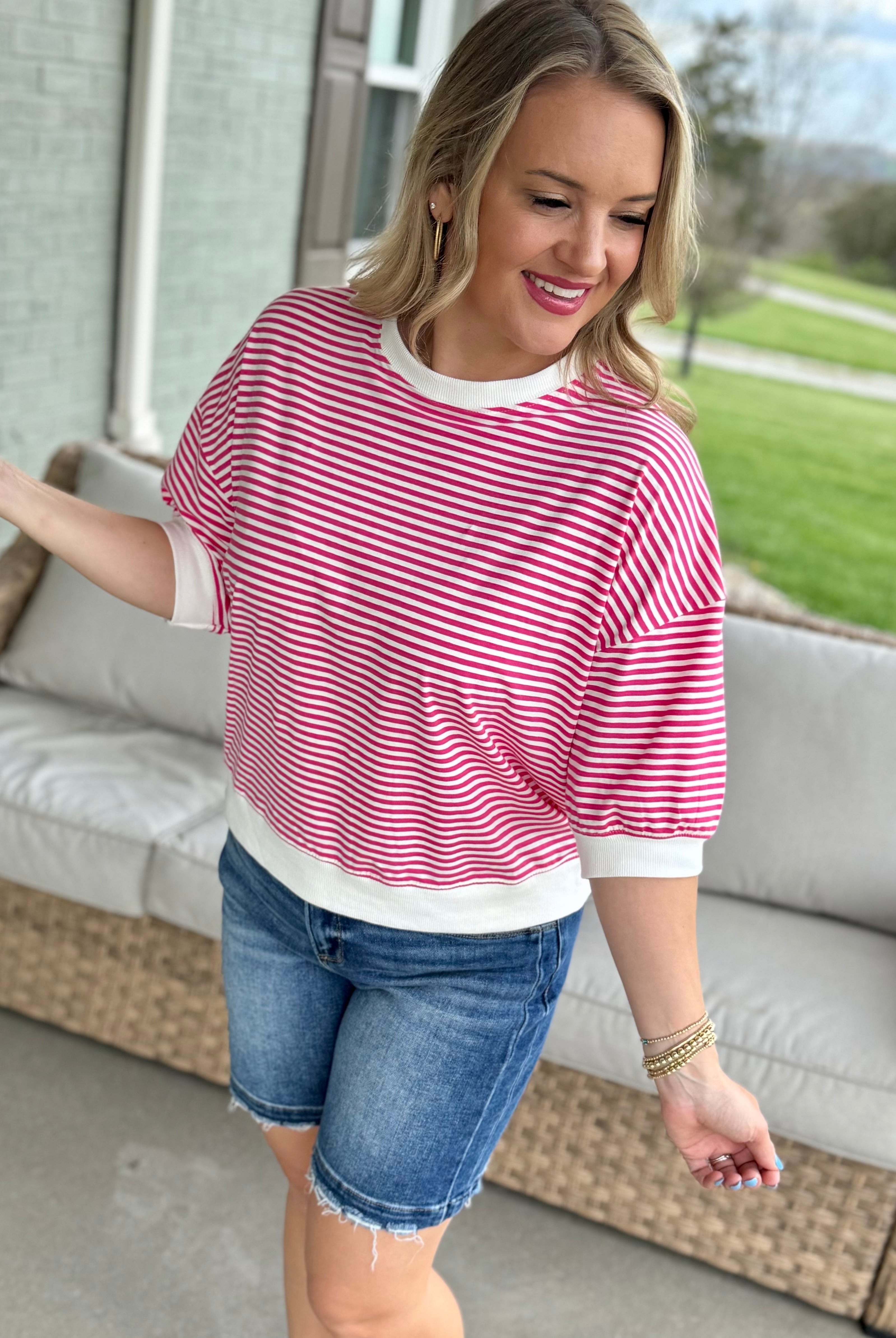 Simply Spring Striped Top - Pink-100 Short Sleeve Tops-zenana-The Lovely Closet, Women's Fashion Boutique in Alexandria, KY