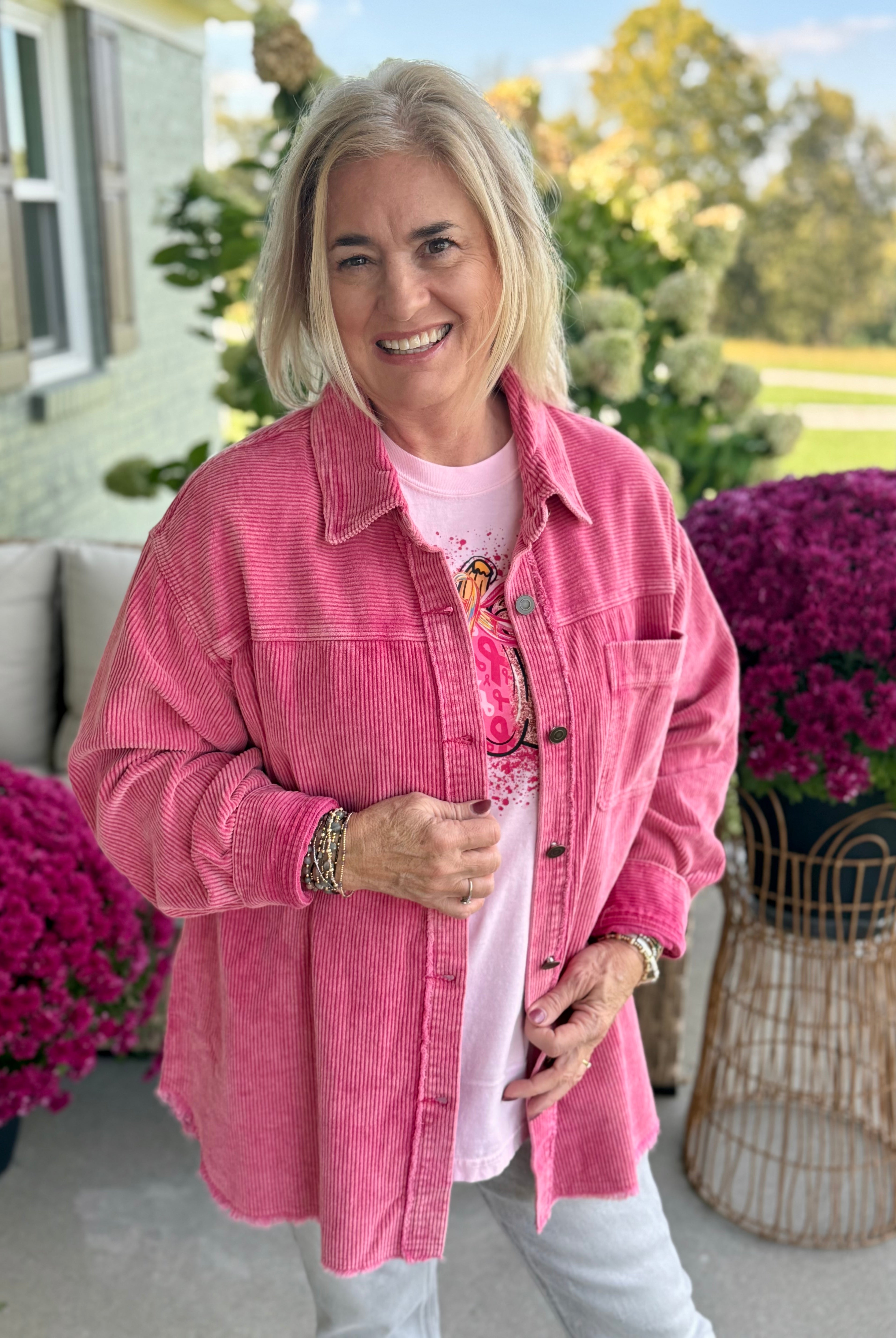 Courage in Corduroy Pink Shacket-170 Jackets/Outerwear-Donation Pink-The Lovely Closet, Women's Fashion Boutique in Alexandria, KY
