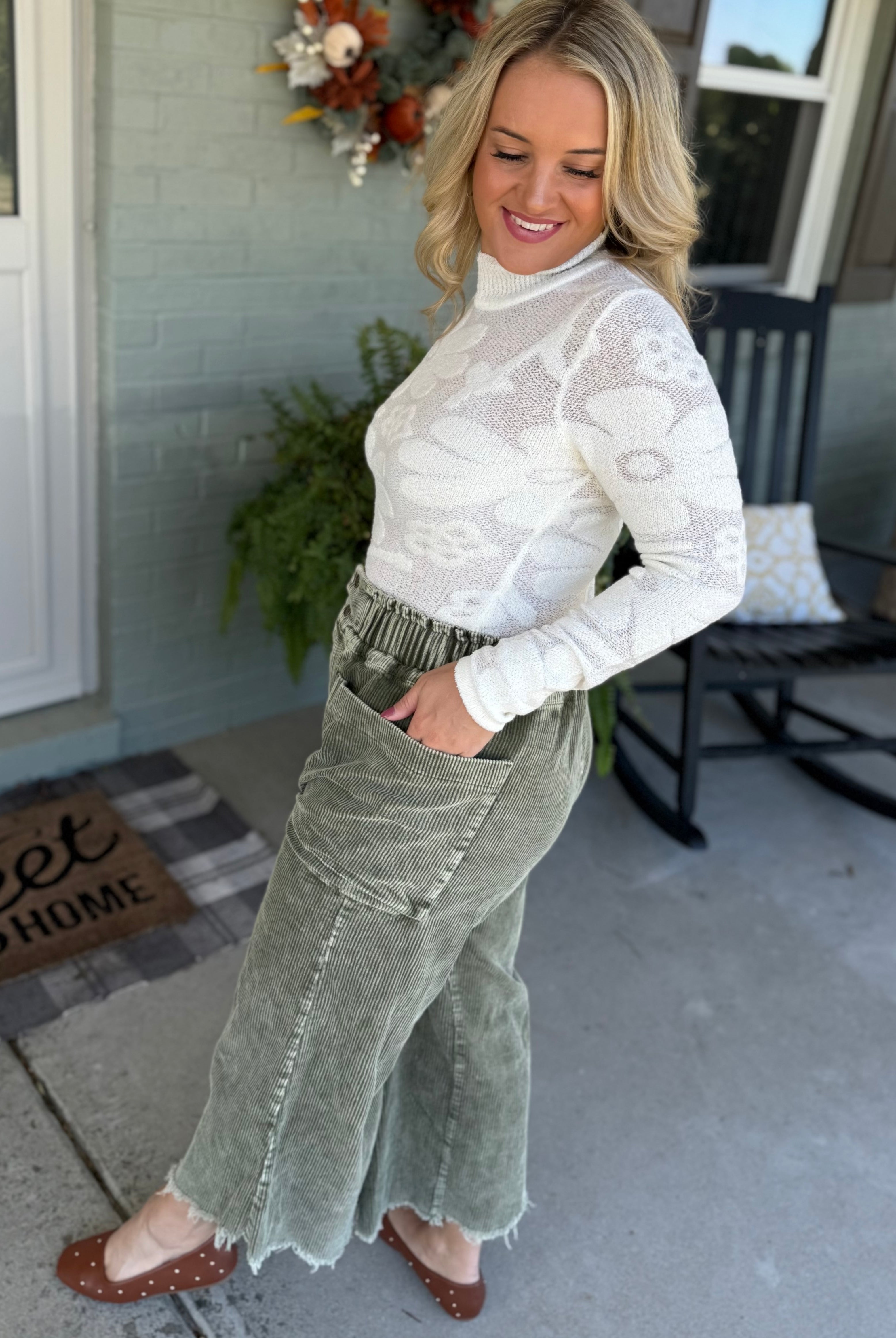 Autumn Glow Corduroy Cropped Pants - Olive-240 Pants-Anniewear-The Lovely Closet, Women's Fashion Boutique in Alexandria, KY