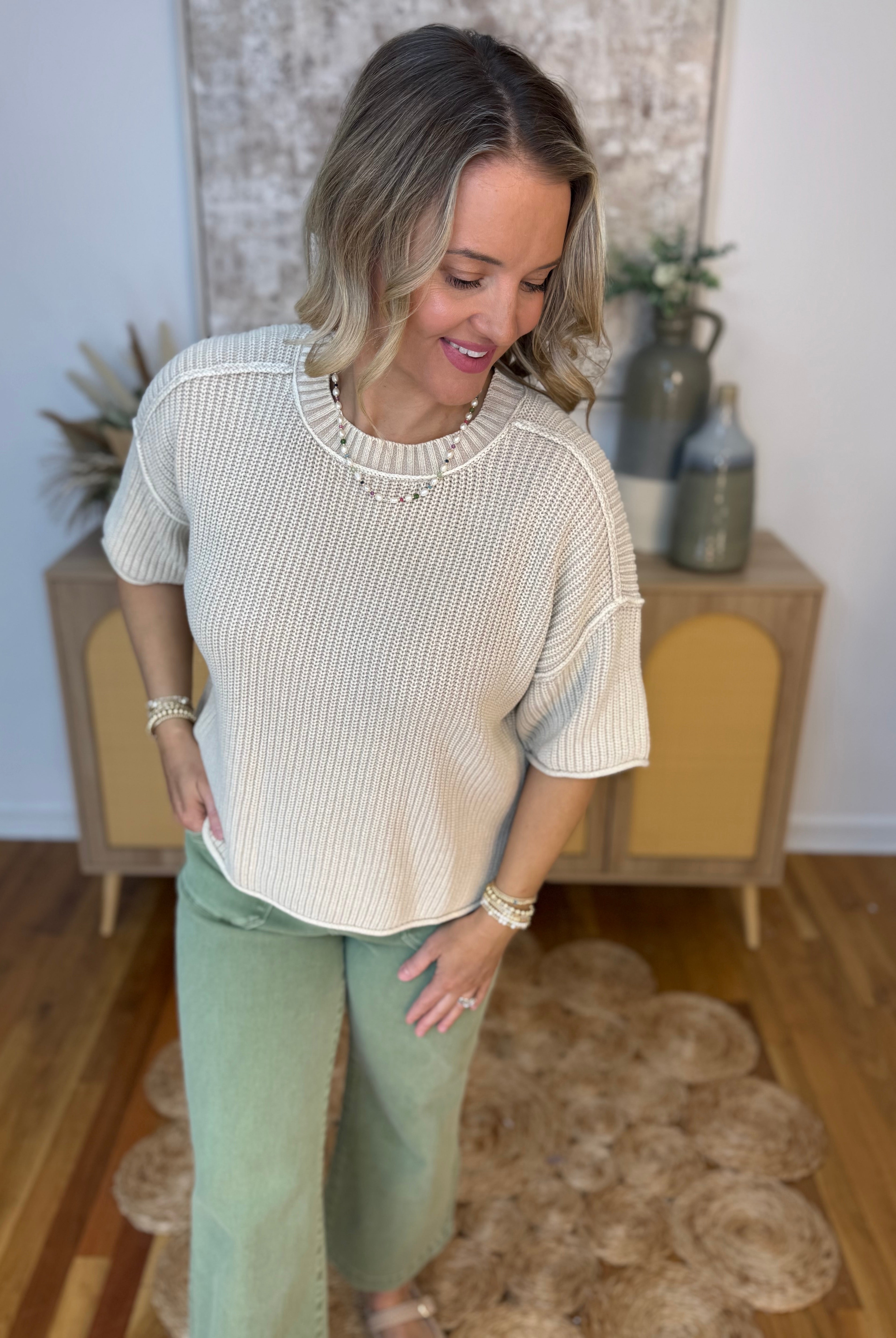 Let's Getaway Short Sleeve Sweater - Sand-100 Short Sleeve Tops-Blu Pepper-The Lovely Closet, Women's Fashion Boutique in Alexandria, KY