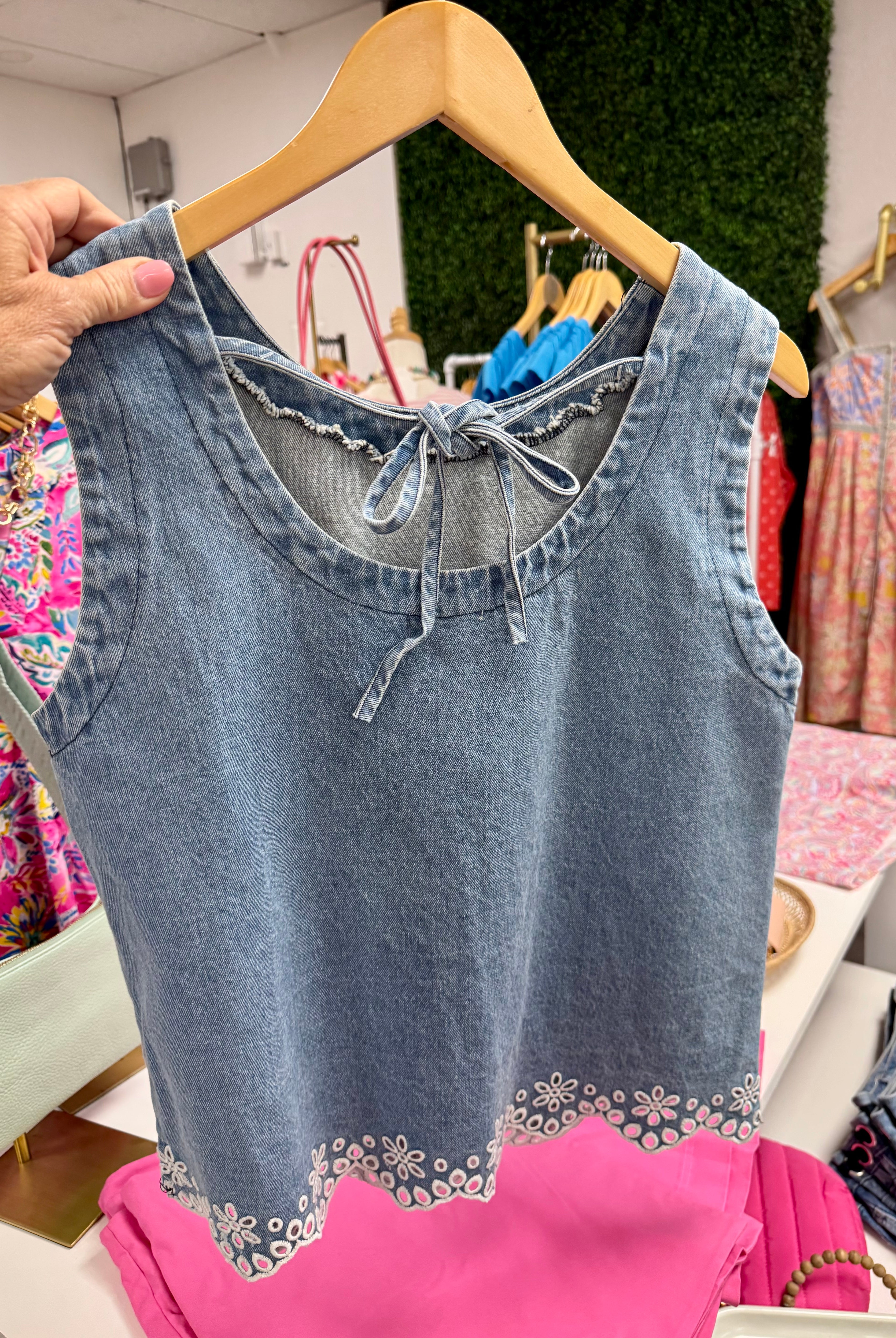 Denim Embroidered Sleeveless Top-120 Sleeveless Tops-Anniewear-The Lovely Closet, Women's Fashion Boutique in Alexandria, KY