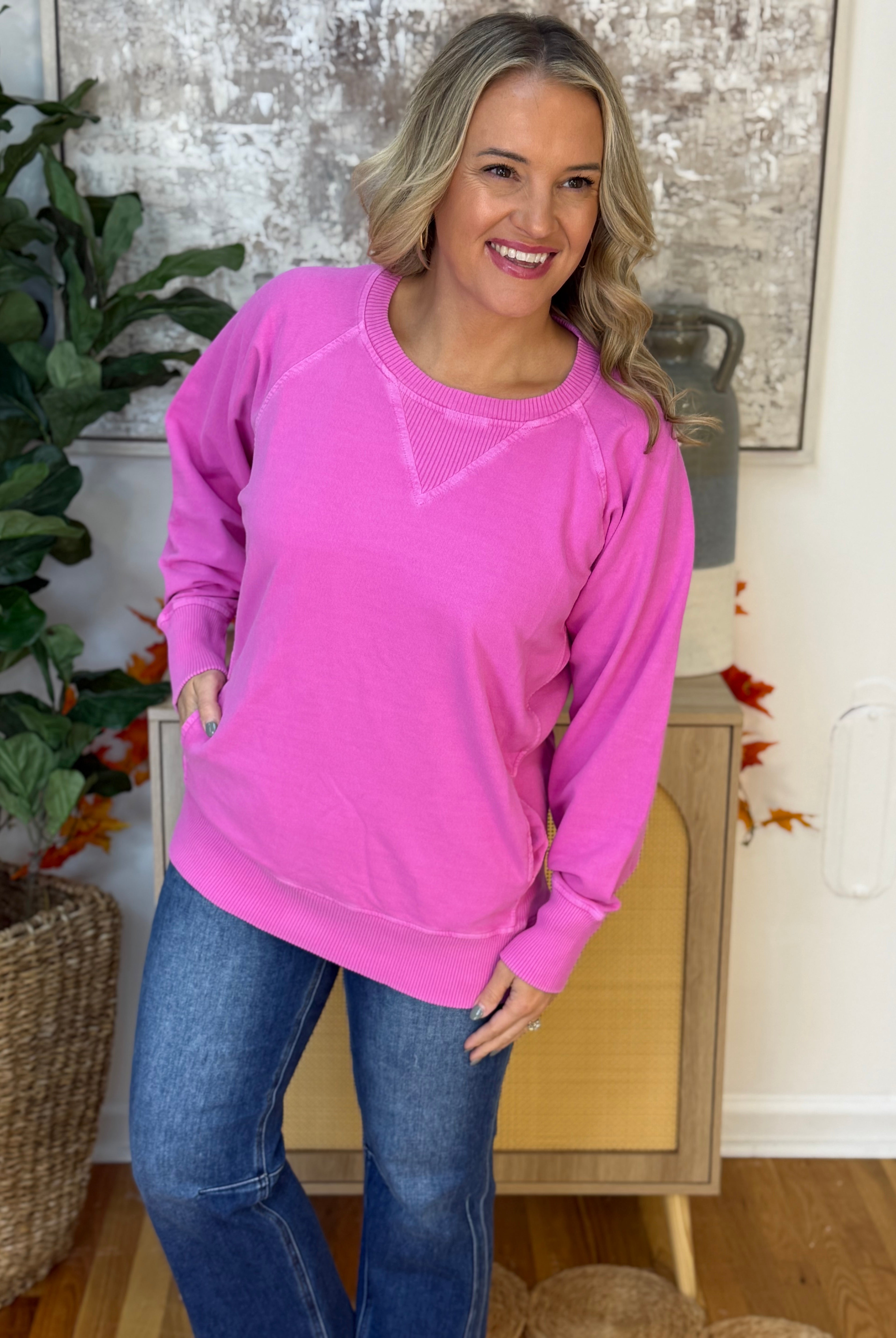 Keeping it Casual Pullover 2025 - Bright Pink-150 Sweatshirts-zenana-The Lovely Closet, Women's Fashion Boutique in Alexandria, KY