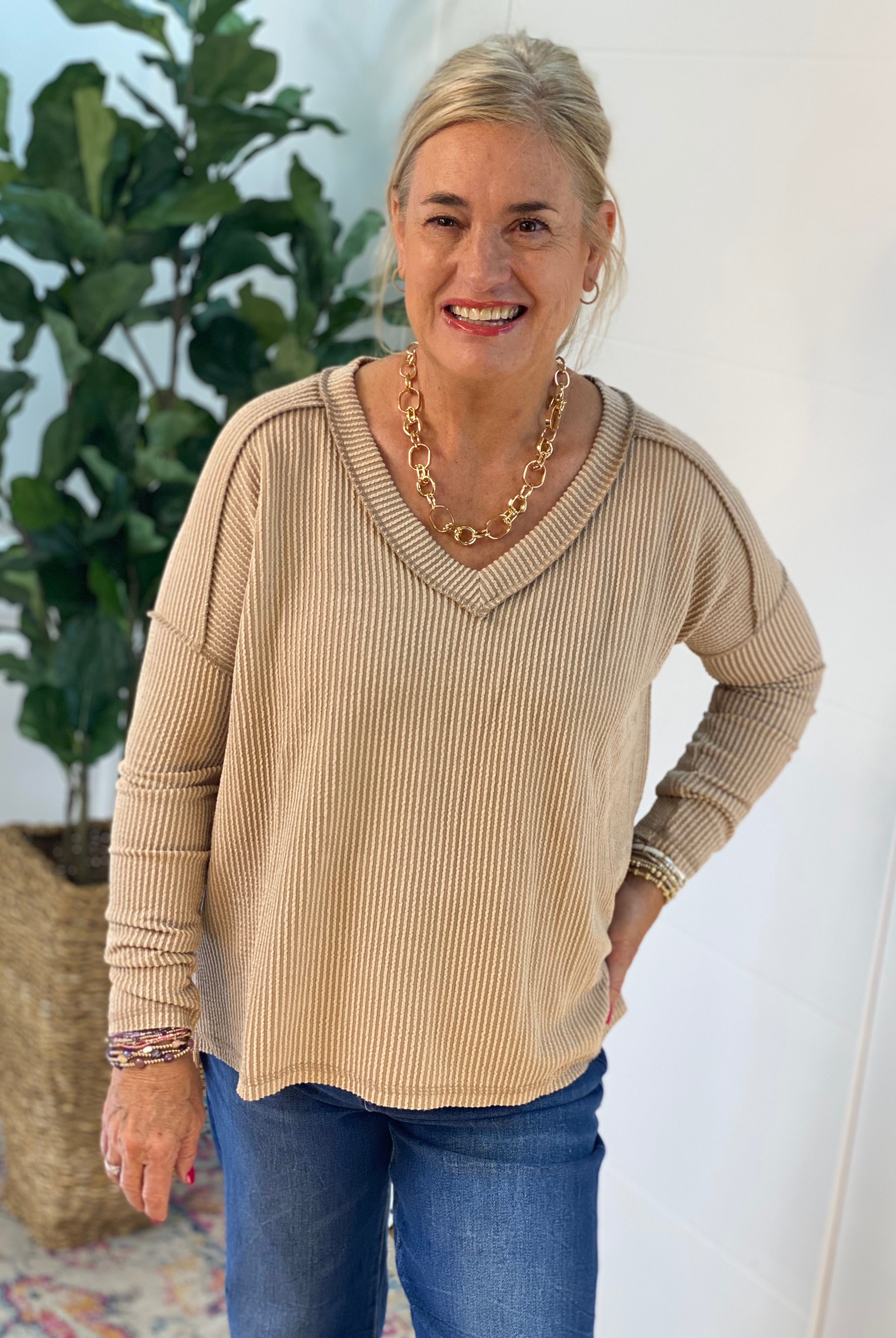 Autumn Days Ribbed Top - Beige-110 Long Sleeve Top-zenana-The Lovely Closet, Women's Fashion Boutique in Alexandria, KY