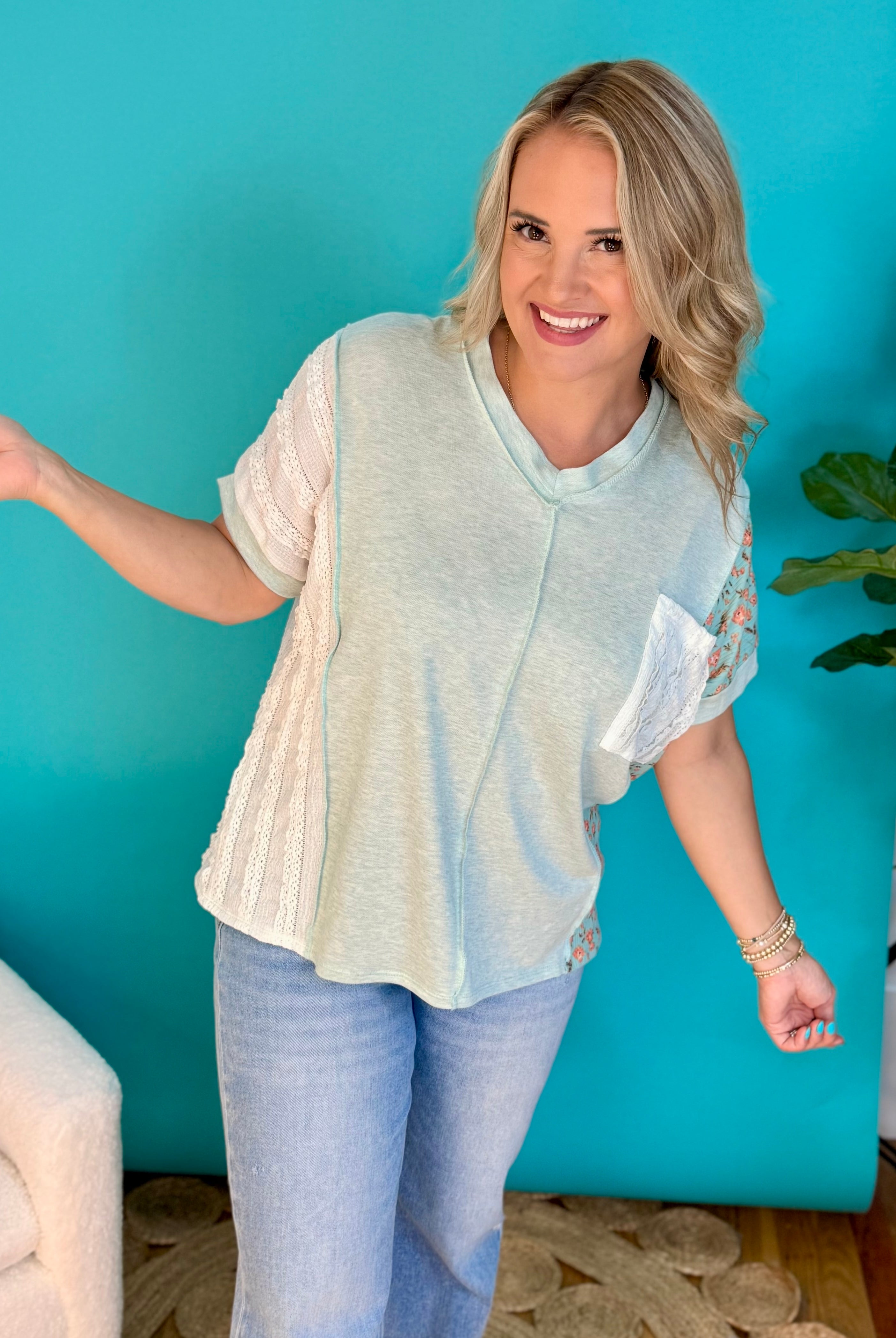Color Block Patchwork Knit Top With Pocket-100 Short Sleeve Tops-7th Ray-The Lovely Closet, Women's Fashion Boutique in Alexandria, KY